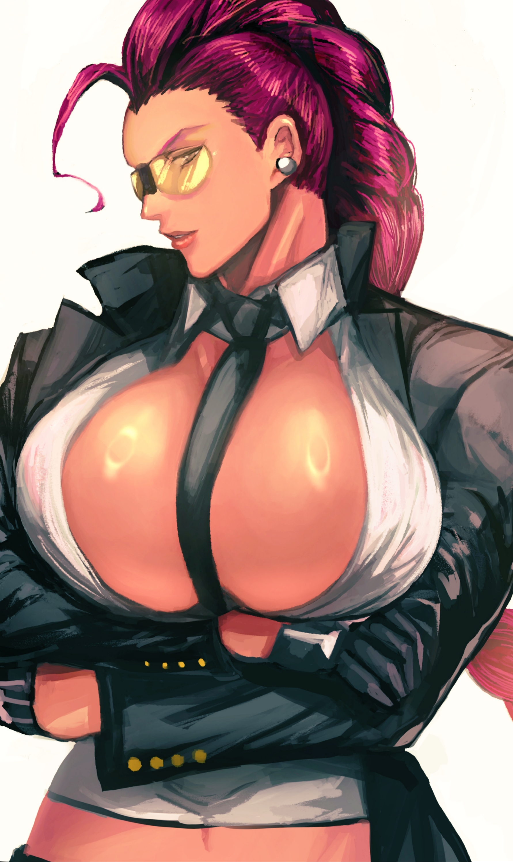 1girls, absurdres, arms crossed, bare midriff, between breasts, big breasts, breast focus, breasts, breasts focus, busty, capcom, collared shirt, commentary request, crimson viper, crop top, crossed arms, curvaceous, curvy, curvy female, curvy figure, dark skin, dark-skinned female, earring, earrings, exposed midriff, female, female focus, female only, formal clothes, glasses, hi res, high resolution, highres, huge breasts, large breasts, long hair, looking at viewer, mature, mature female, midriff, milf, mommy milkers, navel, necktie, necktie between breasts, object between breasts, open shirt, pant suit, pants, pompadour, purple hair, red hair, shades, simple background, solo, solo female, solo focus, standing, street fighter, street fighter 6, street fighter iv, street fighter iv (series), suit, tie, tie between breasts, tinted eyewear, upper body, voluptuous, voluptuous female, white background, yellow-tinted eyewear, zmnjo1440