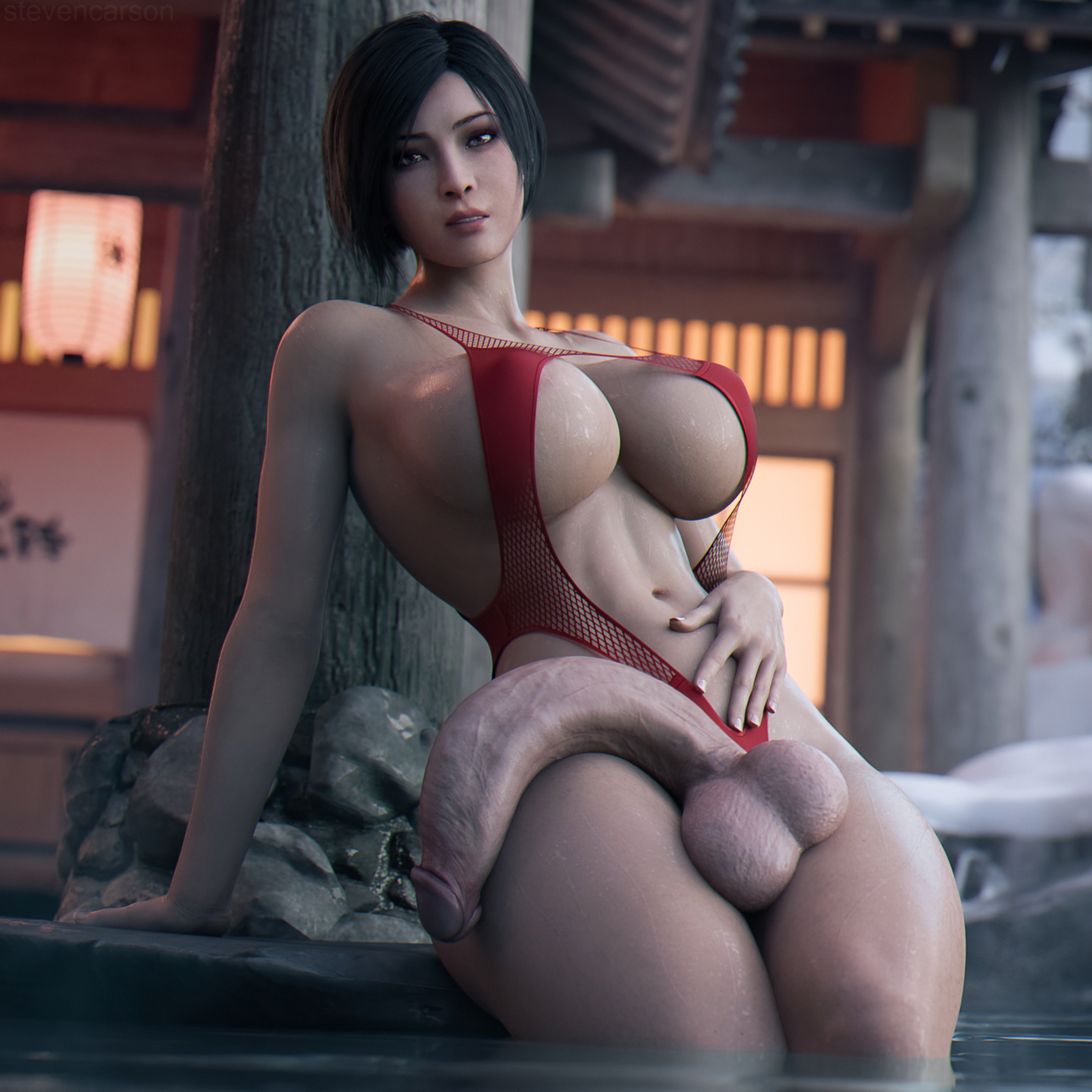 1futa, 3d, ada wong, alternate version available, areolae, balls, big breasts, blurry background, breasts, erection, futa only, futanari, huge cock, intersex, large breasts, mostly nude, nipples, penis, resident evil, resident evil 2, solo, stevencarson