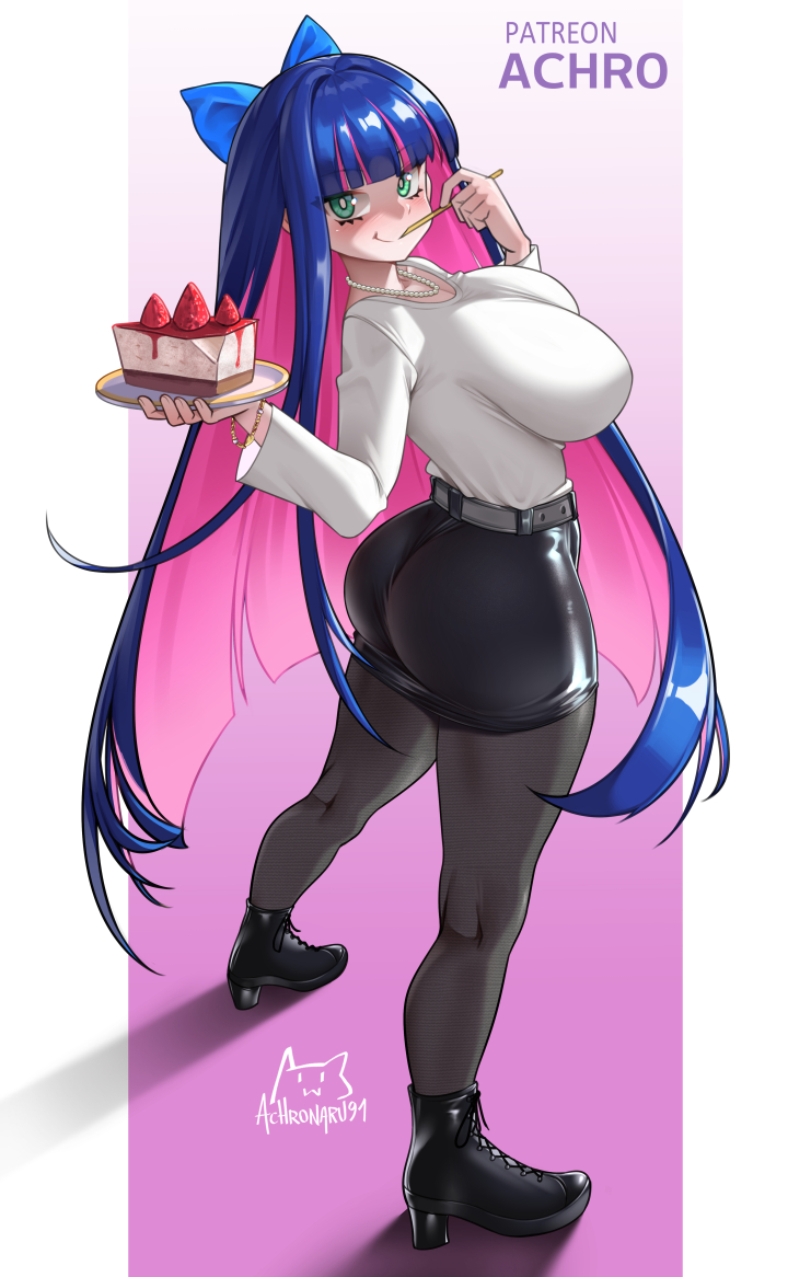achromaru, ankle boots, ass, belt, black skirt, blue hair, boots, bow, breasts, cake, cake slice, eating, female, female only, food, full body, green eyes, hairbow, impossible clothes, impossible shirt, jewelry, large breasts, legs, long sleeves, looking at viewer, looking back, miniskirt, multicolored hair, necklace, panty & stocking with garterbelt, pantyhose, pearl necklace, pink hair, shiny clothes, shirt, skirt, solo, stocking anarchy