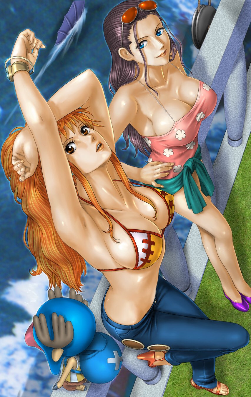 1boy 2girls ass_cleavage bikini bikini_top black_hair brown_fur butt_crack female female_focus grass hands_above_head heels jeans leaning log_pose long_hair male nami nami_(one_piece) nico_robin nipple_bulge ocean one_piece orange_hair ponytail post-timeskip ship smile stretching sunglasses_on_head sweater_around_waist tank_top thousand_sunny tony_tony_chopper toten_(artist) water