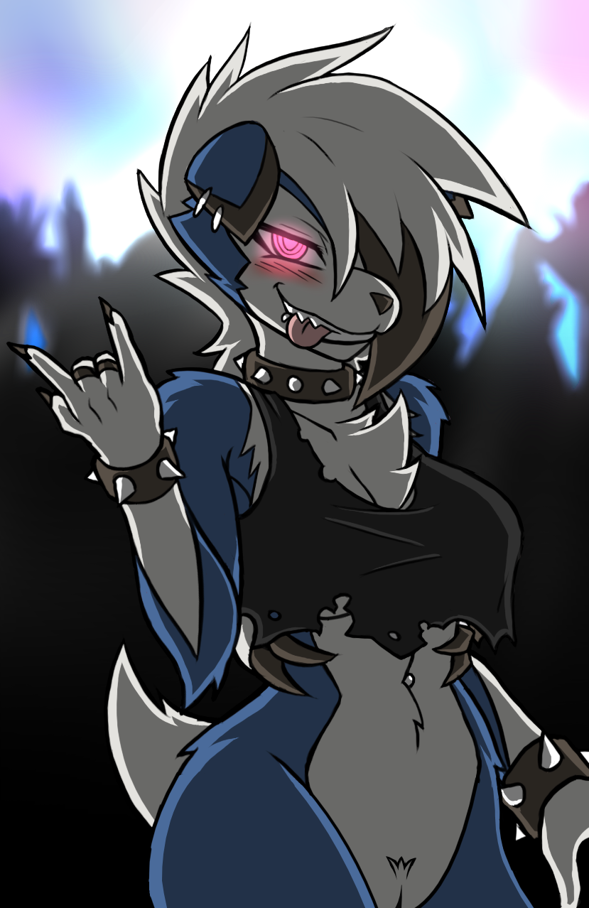 anthro blue_body blue_fur blush bottomless bracelet breasts canid canine cleavage clothed clothing collar crowd devil_horns_(gesture) ear_piercing edit facial_piercing fangs female fur furgonomics furry-specific_piercing genitals gesture group hair hi_res jewelry lip_piercing looking_at_viewer lycanroc mammal midnight_lycanroc navel navel_piercing nintendo partially_clothed piercing pink_eyes pokémon_(species) pokemon punk pussy rakkuguy ring shiny_pokémon solo_focus spiked_bracelet spiked_collar spikes teeth tomboy tongue tongue_out torn_clothing video_games white_body white_fur white_hair zipper