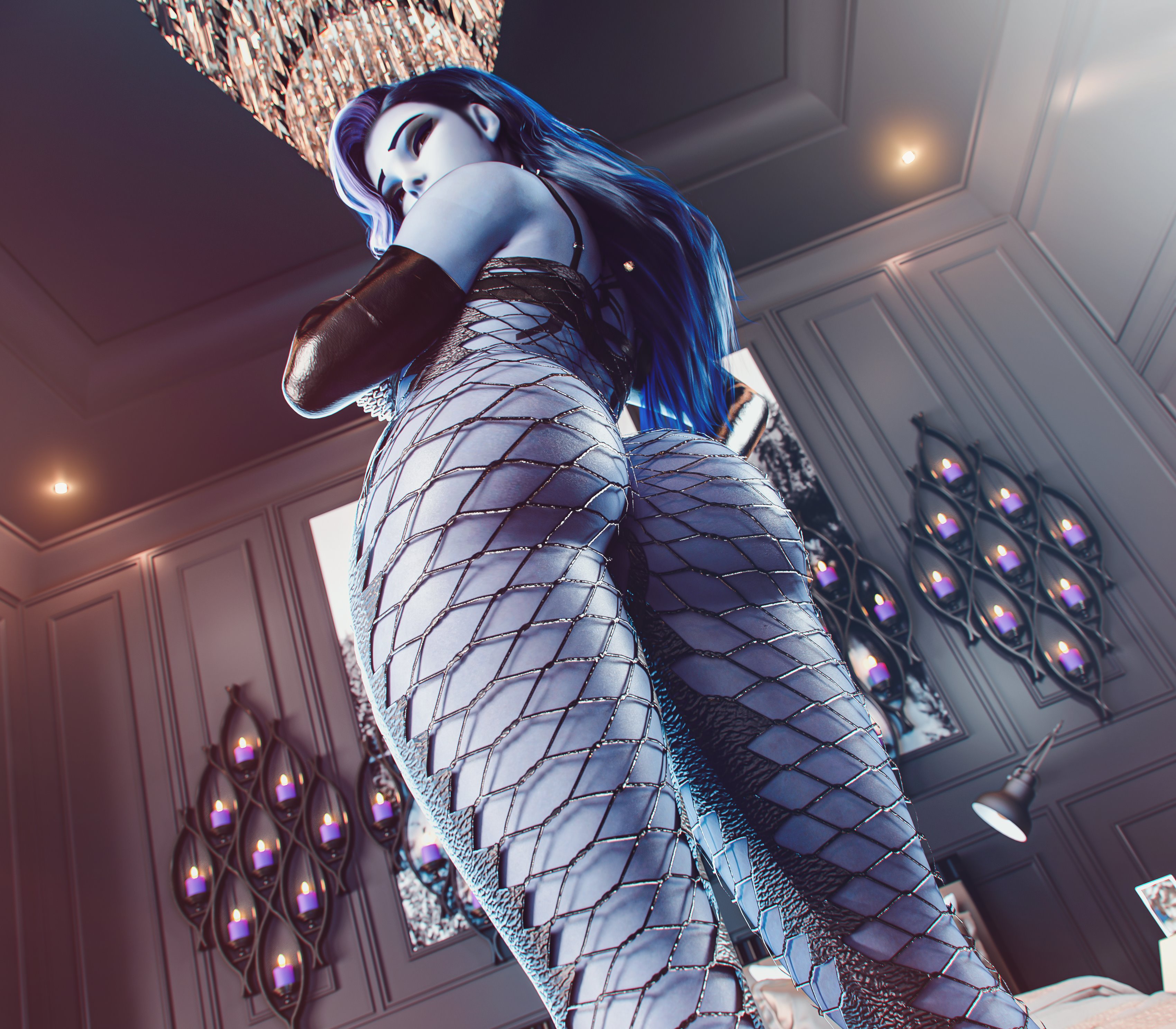 1girls, 3d, ass, dress, female, fishnet bodysuit, from below, high heels, lingerie, looking at viewer, low-angle view, nail polish, noahgraphicz, overwatch, purple hair, solo, solo female, stockings, thighhighs, viewed from below, widowmaker