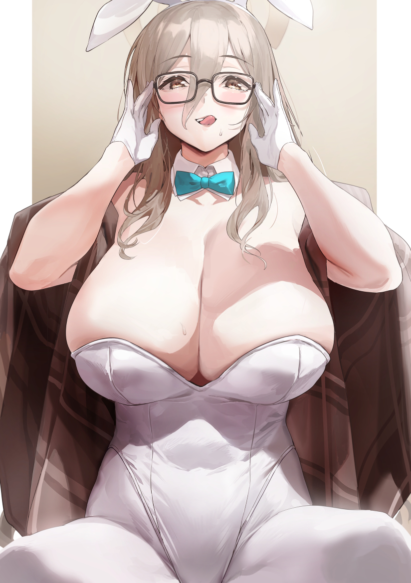 1girls, akane (blue archive), akane (bunny) (blue archive), blue archive, blush, breasts, cleaning & clearing (blue archive), cleavage, female, female only, glasses, huge breasts, iku (ikuchan kaoru), looking at viewer, millennium science school student, solo