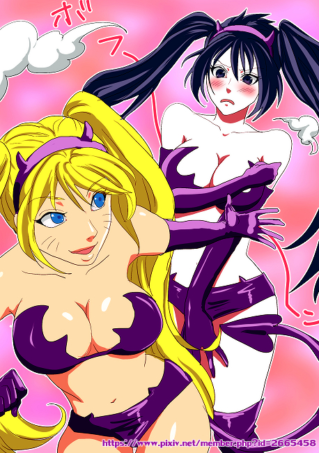 2girls, armwear, artist request, black eyes, black hair, blonde hair, blue eyes, blush, breasts, cleavage, demon, elbow gloves, embarrassed, fake horns, fake tail, female, female focus, female only, gender transformation, genderswap, genderswap (mtf), gloves, hairband, headband, legwear, light skin, light-skinned female, long gloves, long hair, medium breasts, naruko, naruto, naruto (classic), naruto (series), naruto shippuden, nervous, pale skin, pale-skinned female, panties, perky breasts, purple bra, purple panties, purple underwear, rule 63, sasuke uchiha, sasuko, sexy no jutsu, shounen jump, shy, standing, stockings, succubus, tail, teenager, thighhighs, thighs, tied hair, transformation, twintails, underwear, uzumaki naruto, voluptuous, whisker markings, whiskers, yellow hair