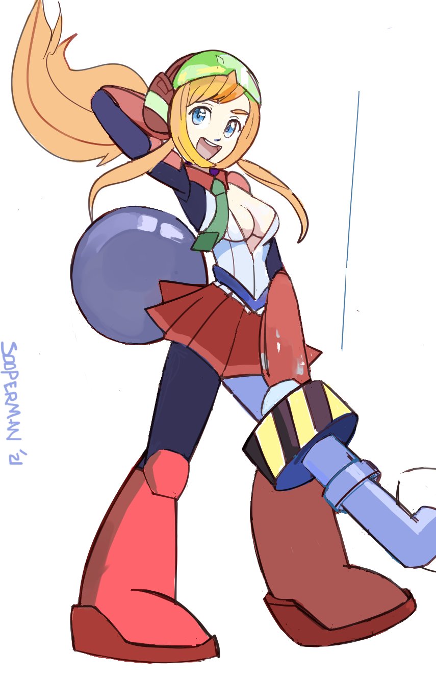 1girls armed artist_name blonde_hair blue_eyes boots breasts cleavage dated female female_focus female_only full_body fully_clothed happy_female helmet looking_at_viewer medium_breasts mega_man open_mouth pose posing rockman roll skin_tight skirt smile smiling smiling_at_viewer solo solo_female solo_focus sooperman white_background