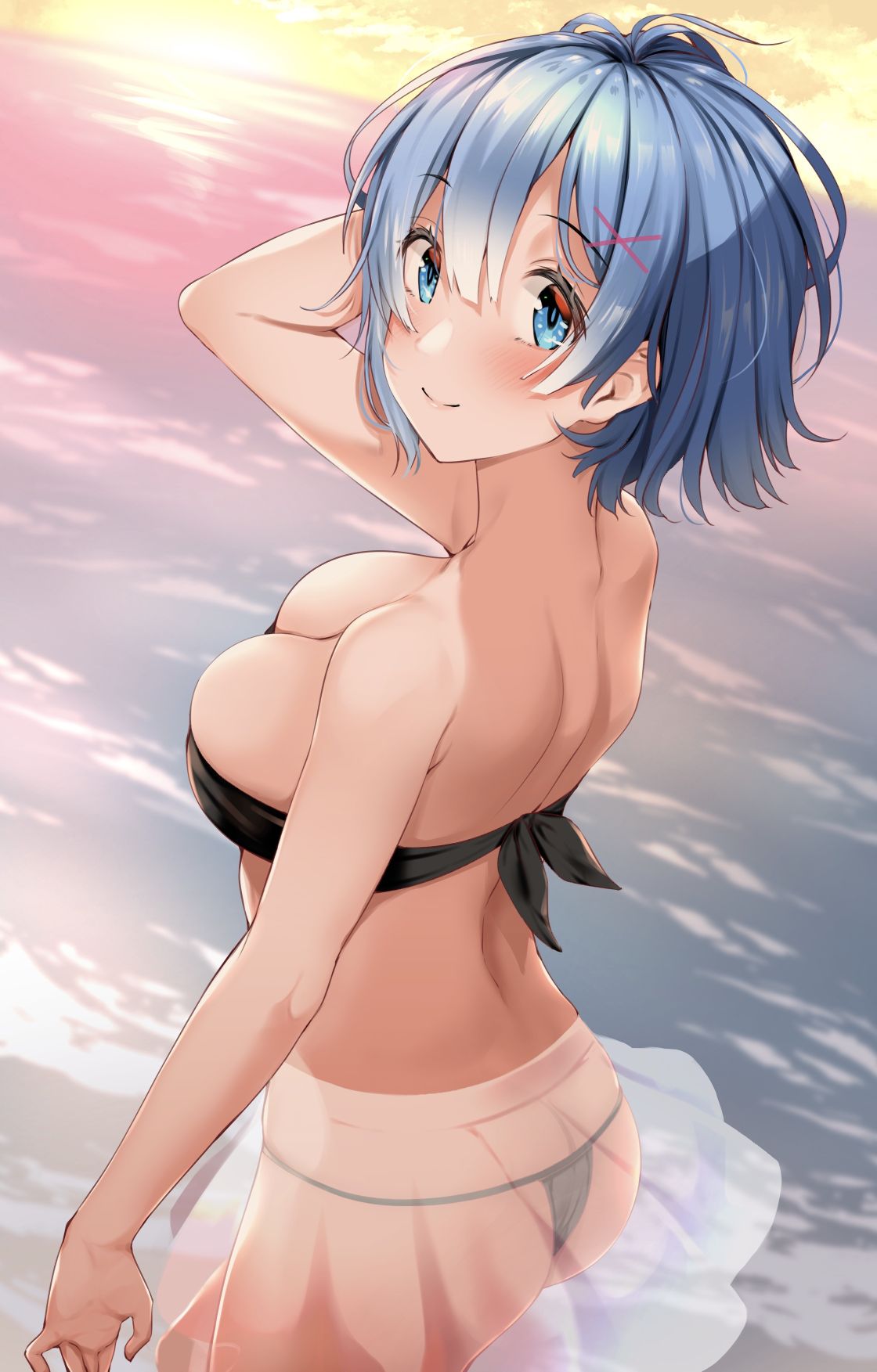 ass, beach, big breasts, bikini, blue eyes, blue hair, blush, breasts, female, happy, kitaku (nakamachi machi), looking at viewer, looking back, re:zero kara hajimeru isekai seikatsu, red ribbon, rem (re:zero), short hair