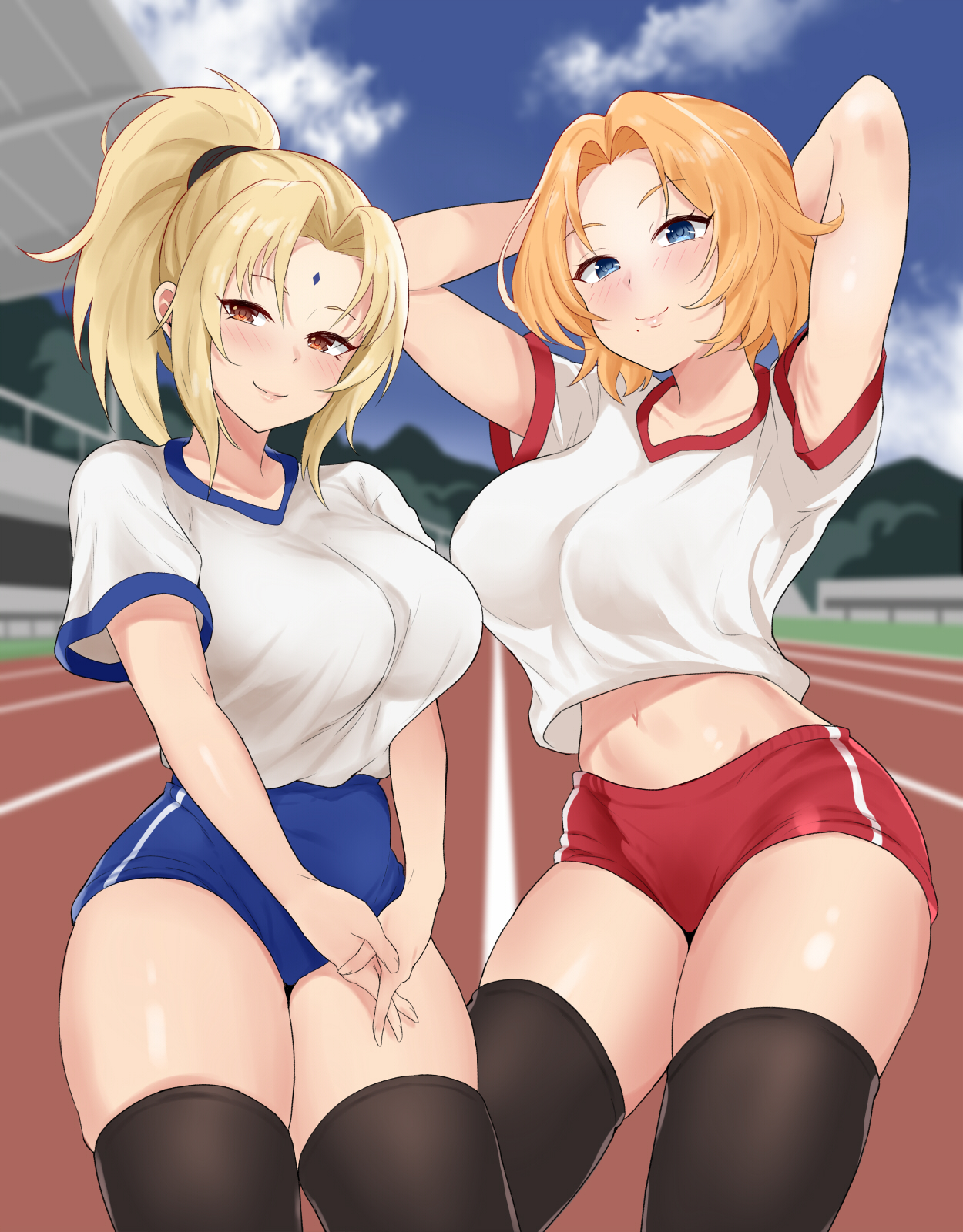 2girls, aged down, arms behind back, arms behind head, arms up, beauty mark, big breasts, black legwear, bleach, blonde hair, blue eyes, blush, bob cut, booty shorts, breasts, brown eyes, clothed, clothed female, clothing, crop top, crossover, curvaceous, curvy, curvy figure, cute, female, female focus, female only, forehead jewel, forehead mark, fully clothed, genmon, ginger hair, gym clothes, gym shorts, gym uniform, hourglass figure, large breasts, legwear, light skin, light-skinned female, lips, lipstick, looking at viewer, matsumoto rangiku, medium hair, multiple females, multiple girls, naruto, naruto (classic), naruto (series), naruto shippuden, nose blush, orange hair, outdoors, outside, pale skin, pale-skinned female, perky breasts, pink lips, pink lipstick, pinup, ponytail, pose, posing, school uniform, schoolgirl, short shorts, shorts, shoulder length hair, shounen jump, smile, smiling, sportswear, standing, t-shirt, teenager, thick thighs, thighhighs, thighs, thunder thighs, tied hair, tight clothing, track and field, tsunade, voluptuous, wide hips, young tsunade