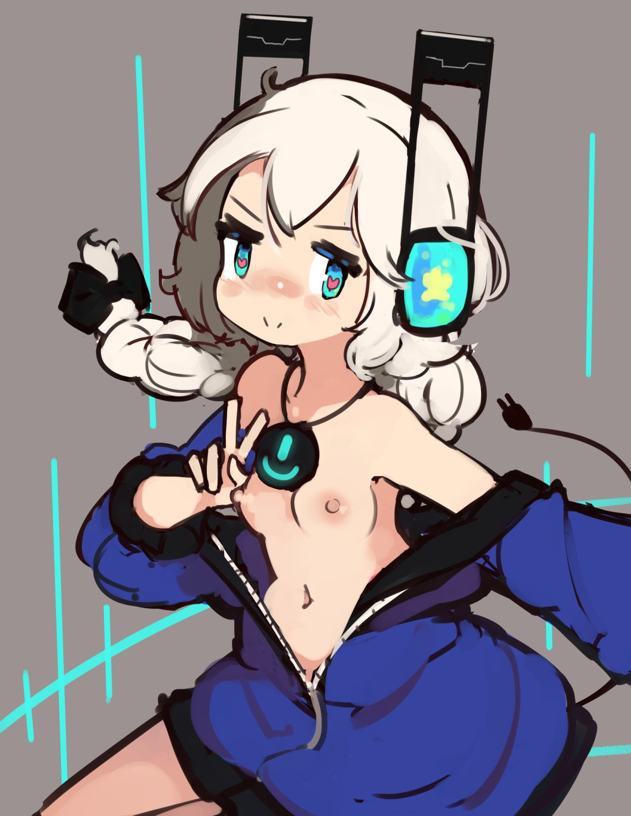 blue_eyes borrowed_character bow braided_hair breasts digitan_(porforever) exposed_breasts headphones heart-shaped_pupils jacket light-skinned_female light_skin necklace no_bra open_clothes open_jacket original peace_sign unusual_pupils v white_hair zako zako_sketch