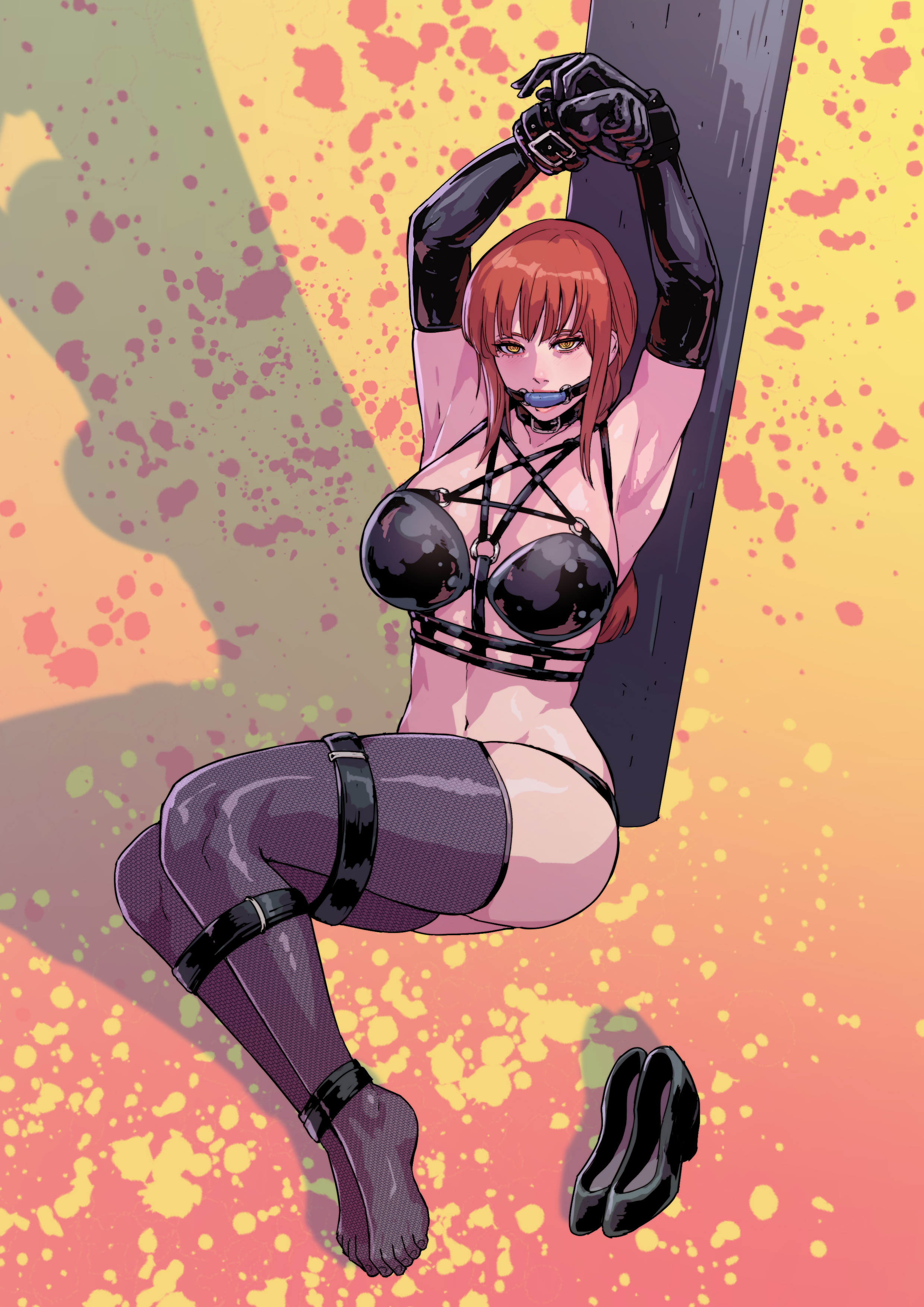 1girls, armpits, big breasts, breasts, chainsaw man, cirenk, eye contact, female, gag, gloves, large breasts, latex gloves, looking at viewer, makima (chainsaw man), mouth gag, red hair, thick thighs, thighhighs, thighs, tied hands, tied legs, yellow eyes