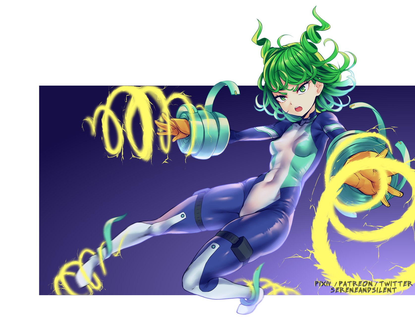 1girls, breasts, female, green eyes, green hair, hero outfit (mha), nejire hado (cosplay), one-punch man, open mouth, sereneandsilent, tatsumaki