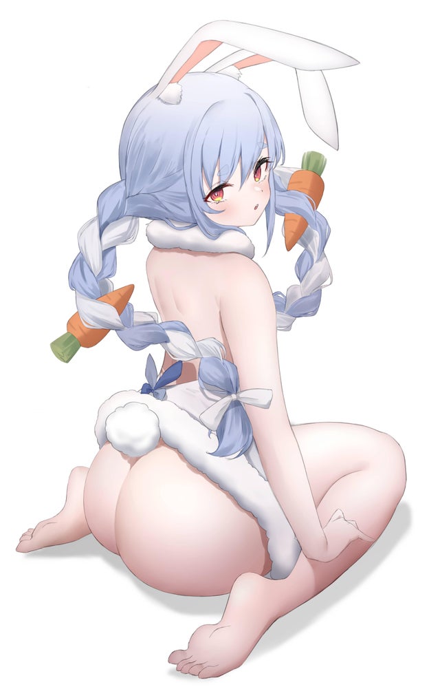 back big_ass blue_hair bunny_ears bunny_girl bunny_tail carrot_in_hair carrots hair_ribbon higashigure hololive hololive_fantasy hololive_japan looking_at_viewer looking_back orange_eyes scarf sitting sitting_down twin_braids usada_pekora virtual_youtuber