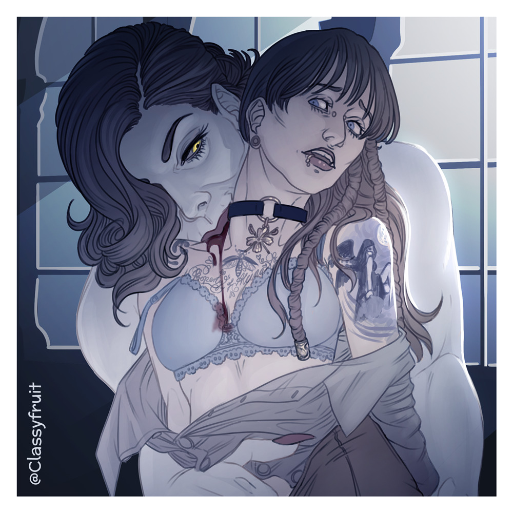 2girls alcina_dimitrescu blood blood_sucking bra classyfruit clothing femdom lezdom light-skinned_female mature_female milf original_character pale-skinned_female piercings resident_evil resident_evil_8:_village size_difference tattoos vampire yuri