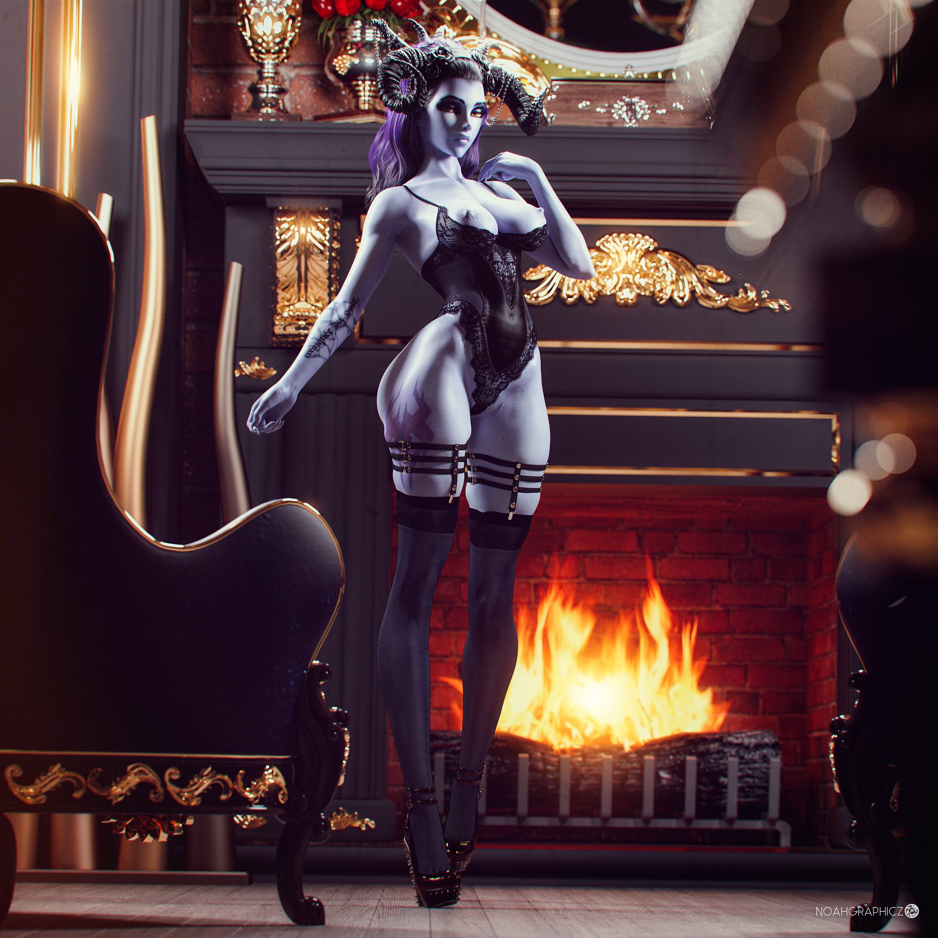 1girls, 3d, dress, female, high heels, horns, lingerie, looking at viewer, nail polish, noahgraphicz, overwatch, platform heels, purple hair, solo, solo female, standing, stockings, tattoo, thighhighs, widowmaker