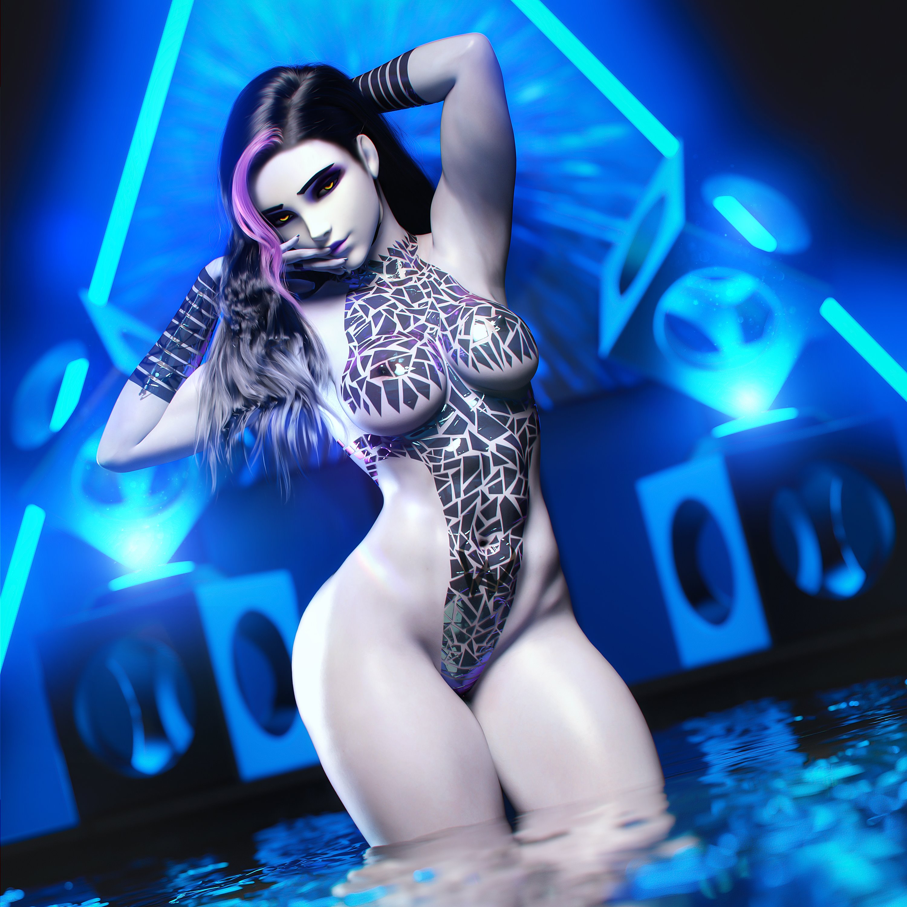 1girls, 3d, arms up, bad source, black tape project, female, lingerie, looking at viewer, nail polish, no artist signature, noahgraphicz, overwatch, pinup, pose, purple hair, skimpy bikini, solo, solo female, stockings, thighhighs, water, widowmaker