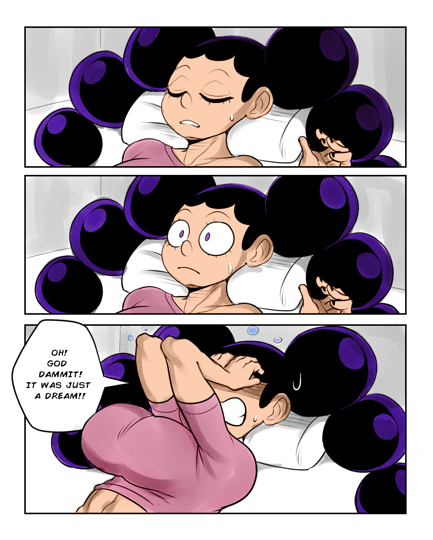 1girls, big breasts, breasts, clothed, comic, detnox, dreaming, english text, female, female mineta, female only, francouniverse, genderswap, genderswap (mtf), minoru minene, minoru mineta, my hero academia, purple eyes, purple hair, rule 63, shortstack, text, waking up