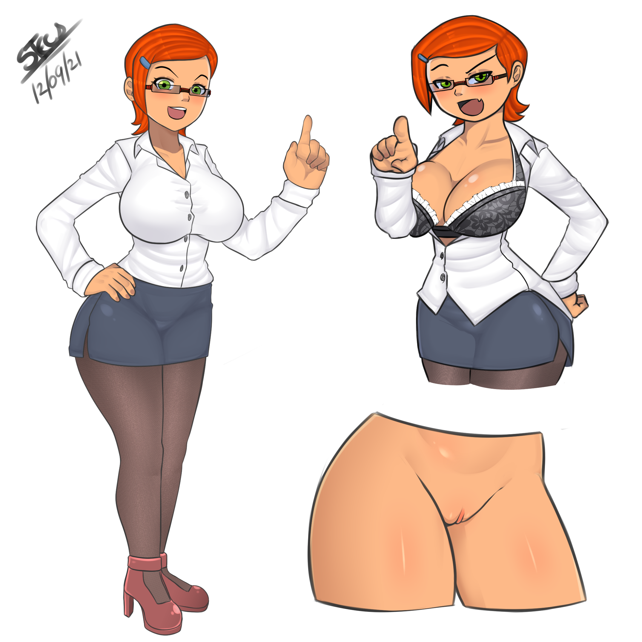 1:1 aspect ratio, 1girls, arrogant, ass, ben 10, ben 10 (classic), bra, breasts, cartoon network, cleavage, clothing, cosplay, female, footwear, green eyes, gwen tennyson, gwen tennyson (classic), high heels, high resolution, human, human female, large ass, large breasts, light skin, light-skinned female, megane, miniskirt, multiple images, orange hair, pantyhose, presenting, pussy, sexually suggestive, shoes, short hair, simple background, skirt, smile, steca, teacher, teacher outfit, teenager, thelazyart, thick ass, thick thighs, thighs, underwear, vagina, white background