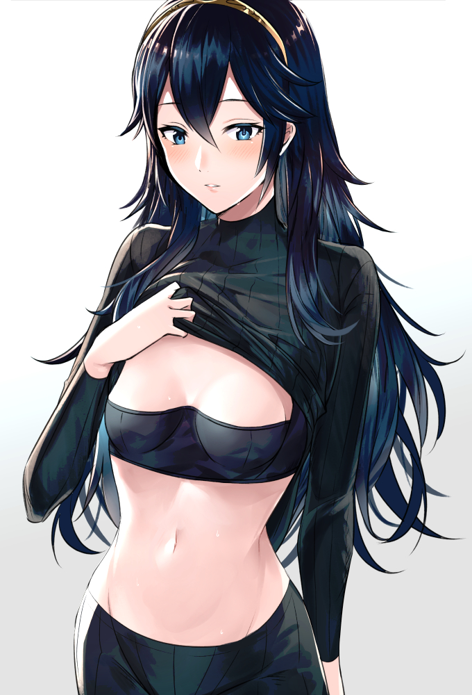 1girls, ameno (a meno0), bad censor, blue bra, blue eyes, blue hair, blue pants, blue shirt, breasts, censored, clothes lift, covering breasts, female, fire emblem, fire emblem awakening, hair between eyes, hand on own chest, lifted by self, long hair, long sleeves, looking at viewer, looking down, lucina (fire emblem), midriff, navel, nintendo, pants, pantyhose, presenting, presenting breasts, shirt, shirt lift, small breasts, solo, symbol-shaped pupils, tiara, underwear, white background