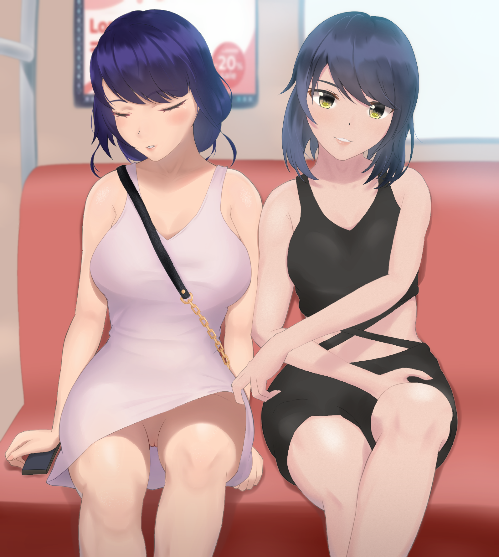 2girls, assisted exposure, bare shoulders, big, black hair, blush, breasts, clothes lift, dress lift, elbow, female, female focus, genshin impact, hair, horny, kujou sara, mole, mole under eye, multiple females, multiple girls, nsfw oa, public, purple, pussy, raiden shogun, short hair, sitting, skirt, skirt lift, sleeping, spread legs, straight, thick, thighhighs, thighs, train, vagina, yellow eyes