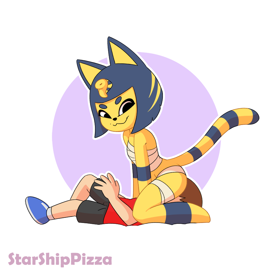 1boy 1girls 2021 animal_crossing ankha anthro ass bandage beauty_mark black_eyes blue_hair bob_cut brown_hair clothed facesitting female femdom furry male malesub nintendo short_hair smile starshippizza straight tail villager_(animal_crossing)