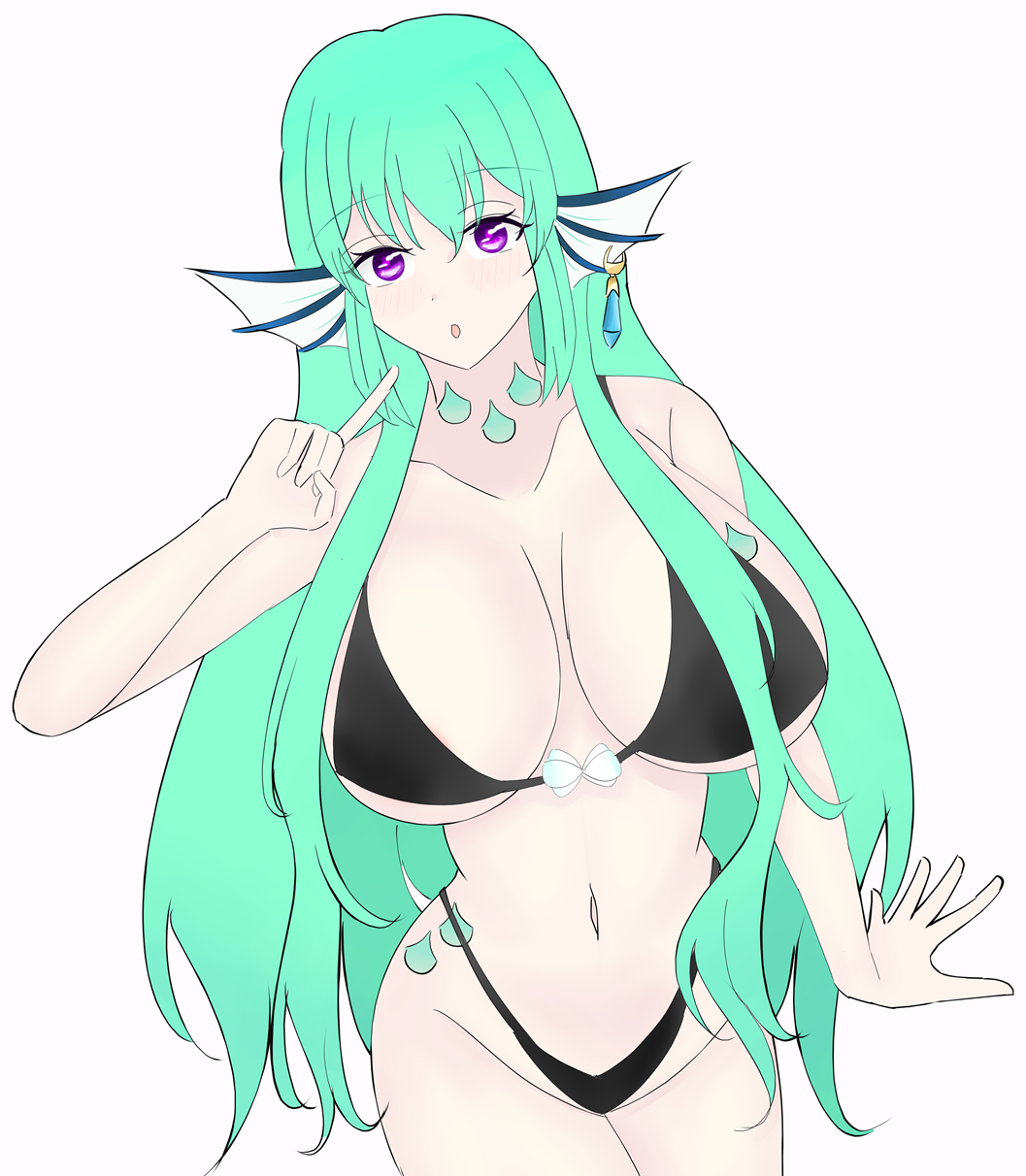 bikini breasts cleavage estherelaitea female finana_ryugu green_hair head_fins highres large_breasts mermaid monster_girl navel nijisanji nijisanji_en purple_eyes solo swimsuit virtual_youtuber