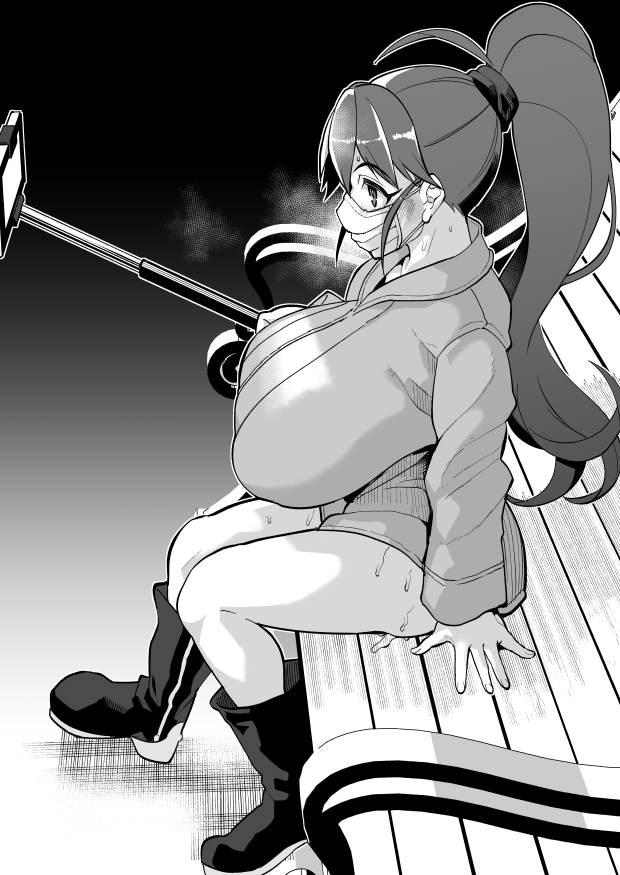 1girls bench blush breasts embarrassed huge_breasts long_hair mask phone ponytail pussy_juice selfie selfie_stick sitting sweat sweating taneshima_popura thighs trenchcoat working!! yuumano_yuuki