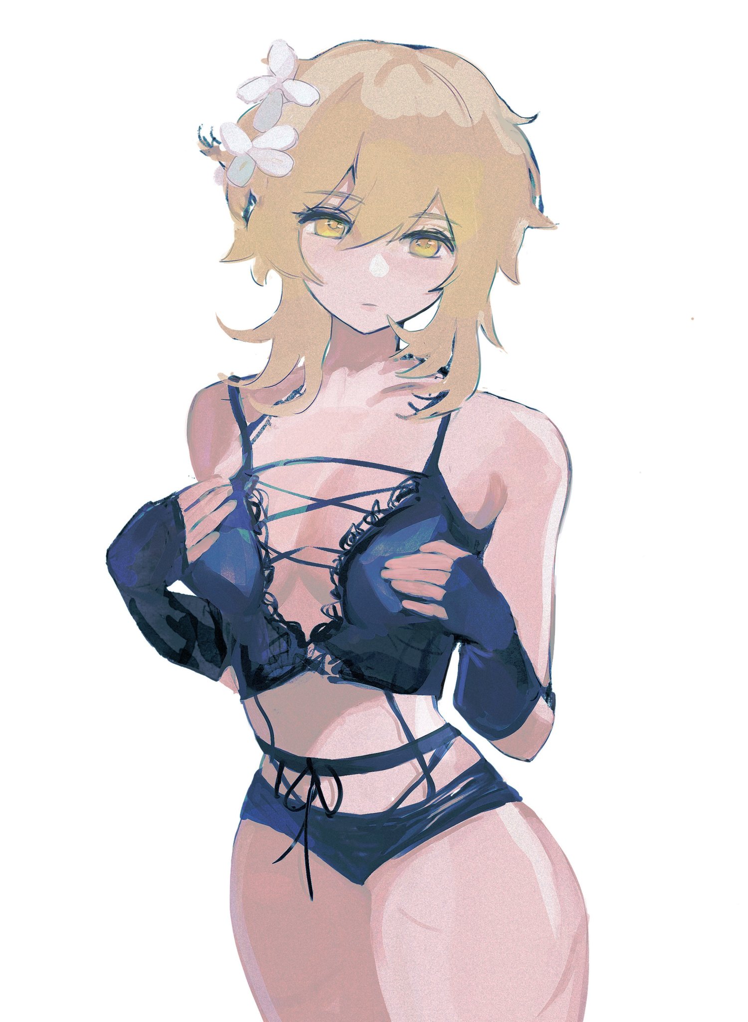 blonde hair, breasts, clothing, female, genshin impact, liyu13098544, lumine (genshin impact), midriff, open clothes, revealing clothes, shorts, thick thighs, thighs, yellow eyes