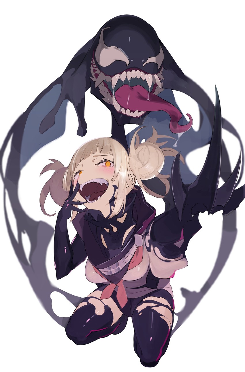blush, blushing, crazy eyes, fangs, female, hair, hair bun, himiko toga, kneeling, marvel, marvel comics, mouth open, my hero academia, saliva, school uniform, schoolgirl, she-venom, simple background, symbiote, tagme, thighhighs, thighs, tongue, tongue out, venom, venom (marvel), white background, yellow eyes