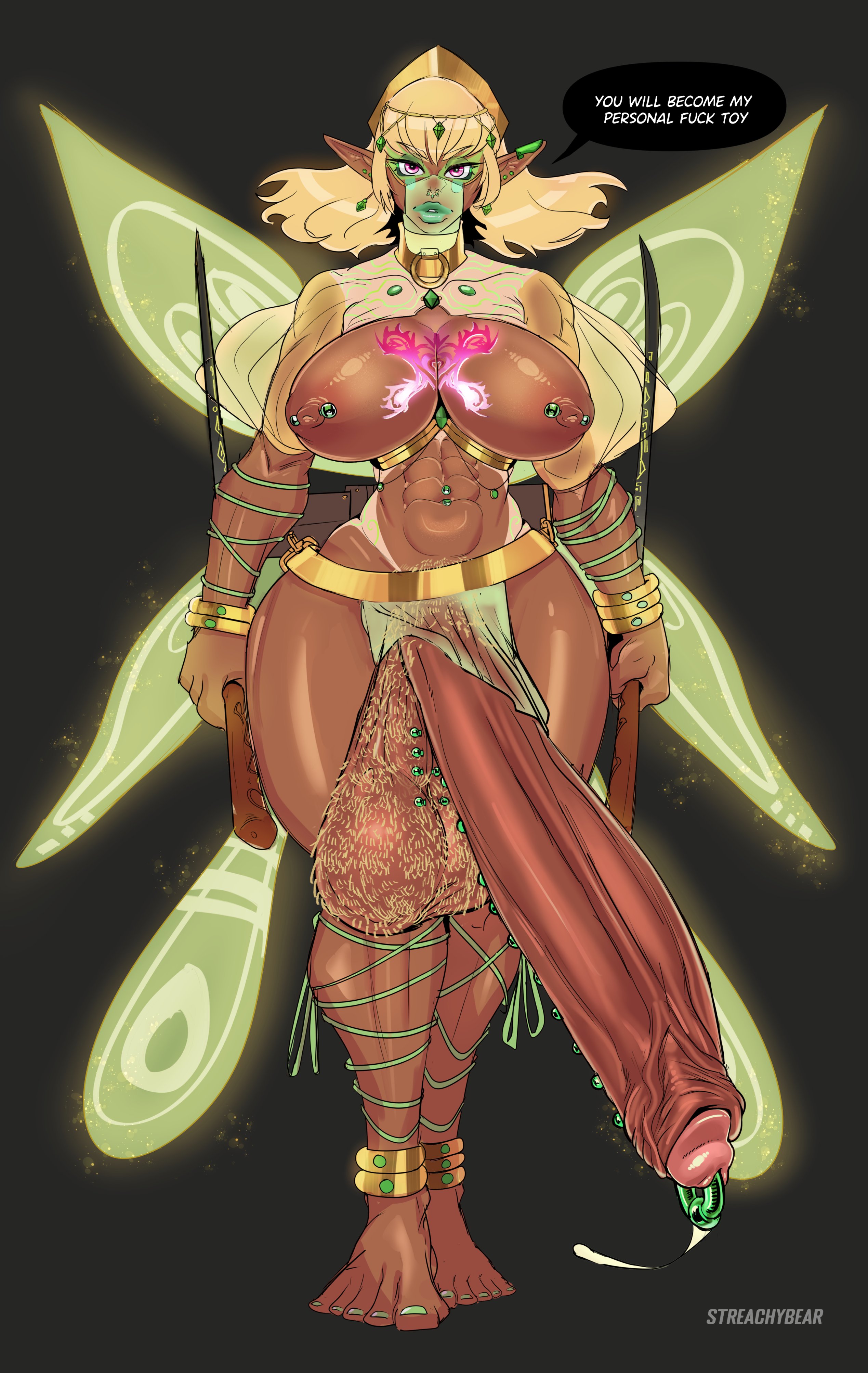 1futa, abs, areolae, balls, big breasts, big lips, blonde hair, breasts, clothed, clothing, dark skin, dark-skinned futa, erection, fairy wings, futa only, futanari, genital expansion, genital growth, genital growth (enlargement), glowing markings, green lipstick, growth, hairy balls, huge balls, huge cock, humanoid, humanoid penis, hyper, hyper penis, intersex, large breasts, mostly nude, muscles, muscular, muscular futa, nipples, original, penis, penis expansion, penis growth, penis growth (enlargement), penis piercing, piercing, pubic hair, sequence, solo, speech bubble, standing, streachybear, tattoo, testicles, text, veil, wings