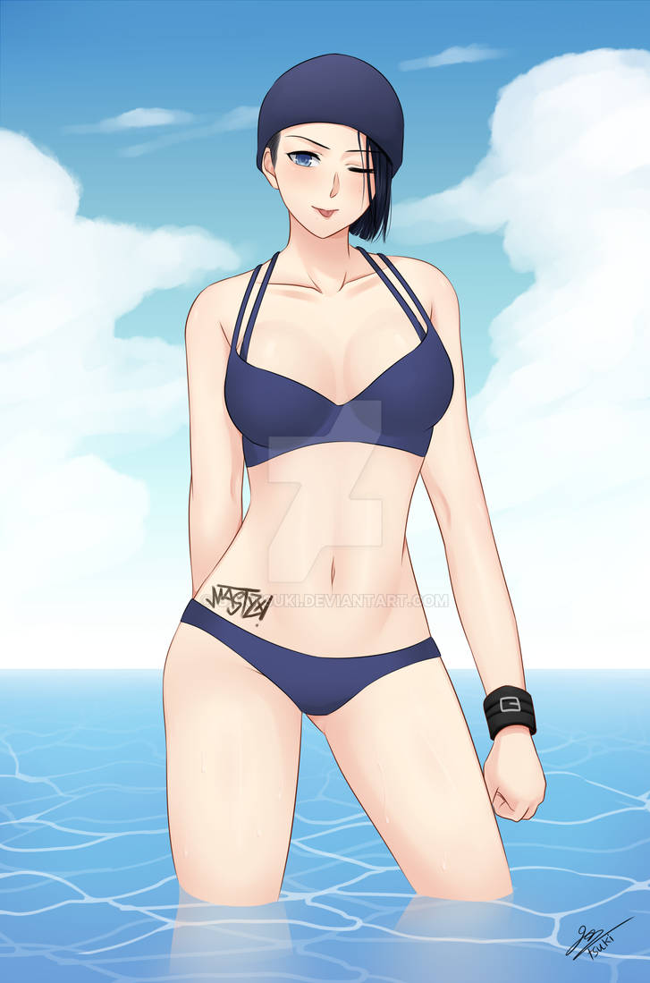 1girls, 2d, beach, big breasts, bikini, bikini top, black hair, blue background, blue bikini, blue eyes, breasts, cloud, dbd, dead by daylight, female, female focus, female only, gantsuki, headwear, light skin, light-skinned female, looking at viewer, nea karlsson, ocean, oppai, panties, seaside, short hair, solo, solo female, solo focus, swimsuit, tattoo, tongue, tongue out, water, white skin