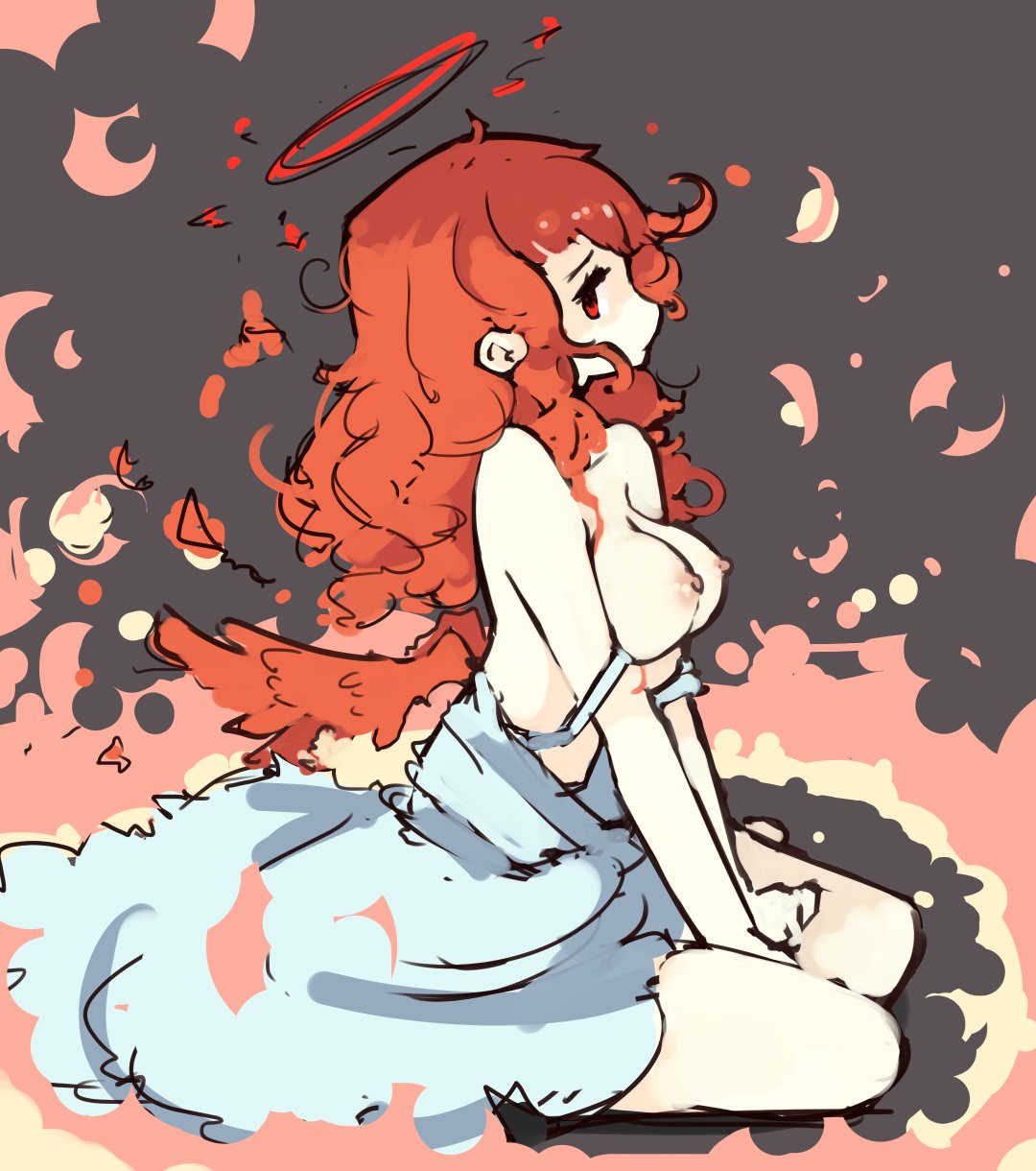 breasts curly_hair dress exposed_breasts female fire halo looking_at_viewer partially_clothed red_eyes red_hair sitting white_skin wings zako zako_sketch