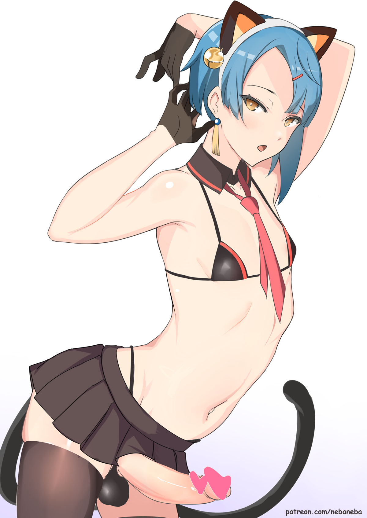 1boy, balls, big penis, cat ears, censored, eye contact, fake animal ears, femboy, genshin impact, girly, gloves, heart censor, legwear, looking at viewer, male, male only, micro bikini, miniskirt, nebaneba, penis, short hair, skinny, solo, standing, tail, testicles, thighhighs, thighs, thong, white background, xingqiu (genshin impact)