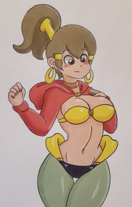 1girls 5-volt belly_dancer_outfit breasts female fusion handdrawn hoodie_lift jumneyarts mario_(series) milf nintendo shantae shantae_(character) shantae_(cosplay) smooth_skin solo wario_(series) warioware