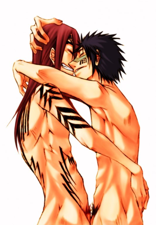 2boys abarai_renji bleach hisagi_shuuhei multiple_boys muscle nude pandabaka_(artist) renji_abarai shirtless shuhei_hisagi tattoo yaoi