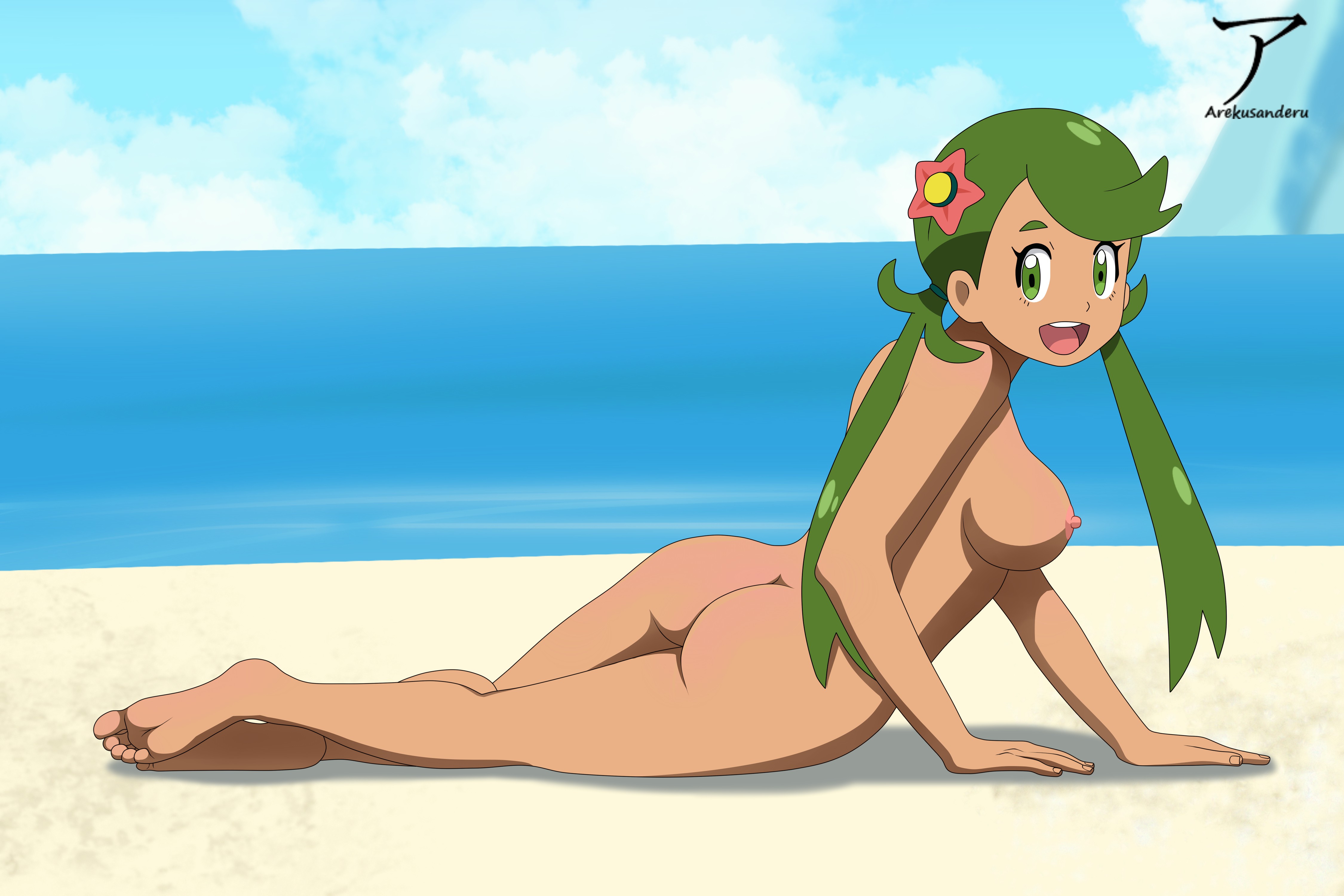 1girls, arekusanderu, beach, female, female only, green hair, mallow (pokemon), pokemon, pokemon sm, public nudity, solo, uncensored