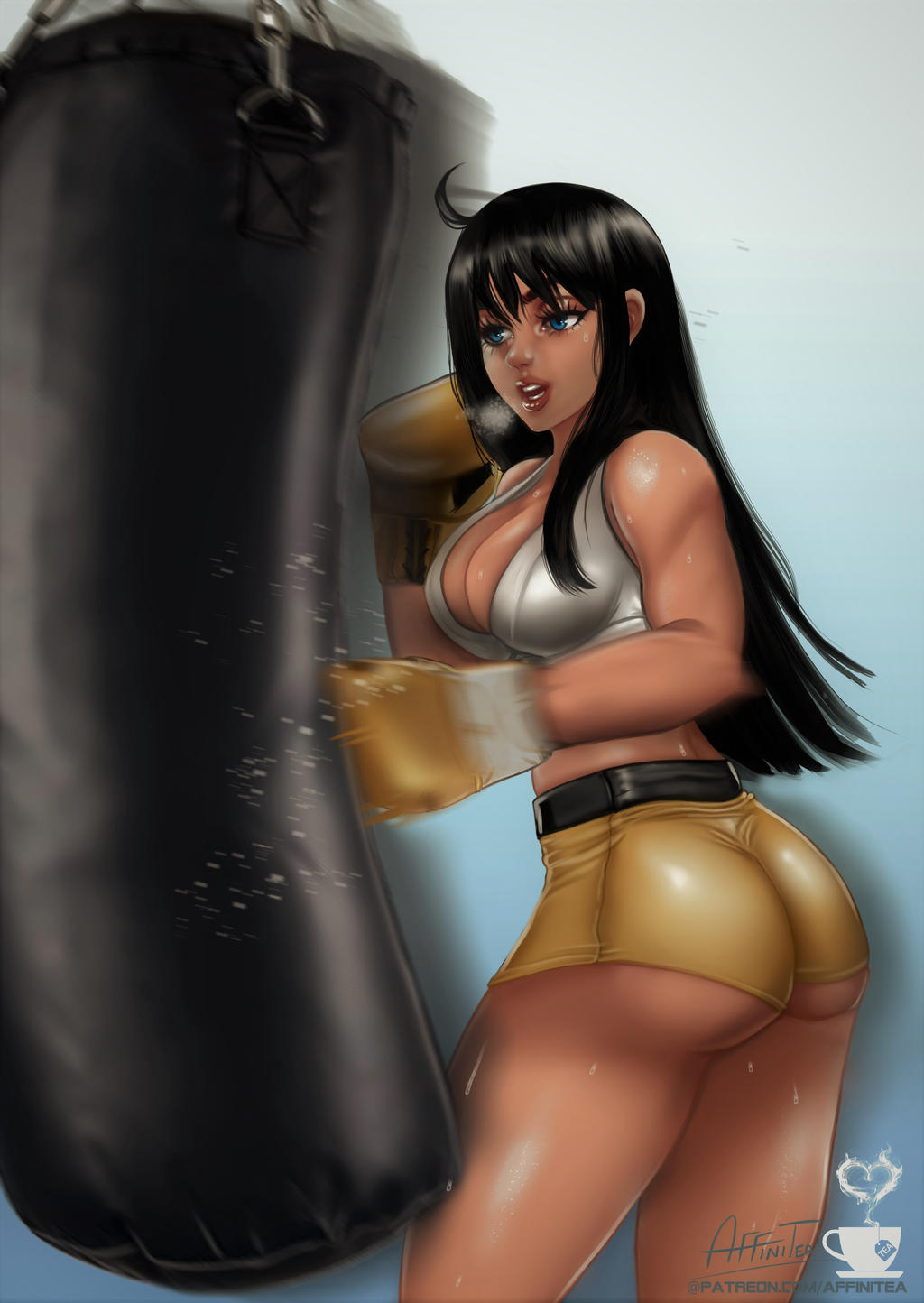 1girls ass big_breasts big_thighs black_hair blue_eyes boxer boxing boxing_gloves bubble_butt butt cleavage dark_yellow_boxing_gloves dark_yellow_gloves dark_yellow_shorts female female_only gloves gym_shorts laffinityl lips long_hair open_mouth original original_character punch punching_bag solo sports_bra straight_hair sweat thighs voluptuous white_sports_bra