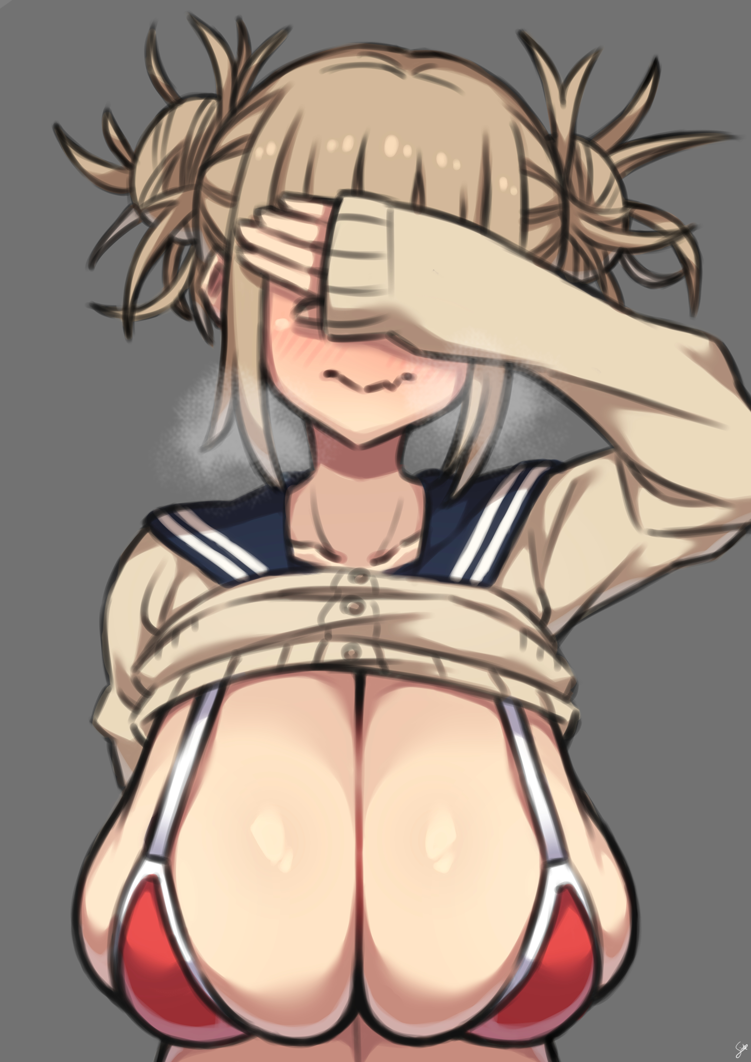 1girls, absurdres, bimbo, breasts, cleavage, coffeelove68, covering eyes, female, female only, highres, himiko toga, huge breasts, my hero academia, skindentation, solo