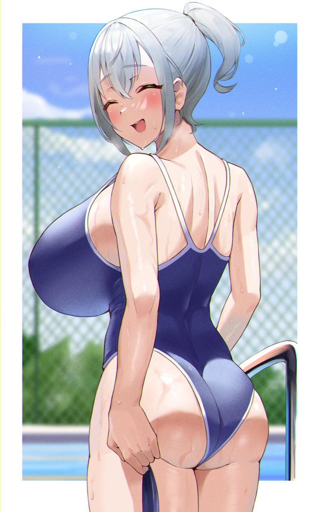 ass, back view, big ass, big breasts, blue swimsuit, breasts, closed eyes, female, frikulu, hololive, hololive fantasy, hololive japan, huge breasts, looking at viewer, looking back, ponytail, school swimsuit, shirogane noel, silver hair, smile, swimming pool, swimsuit, thick thighs, virtual youtuber, wet, white hair
