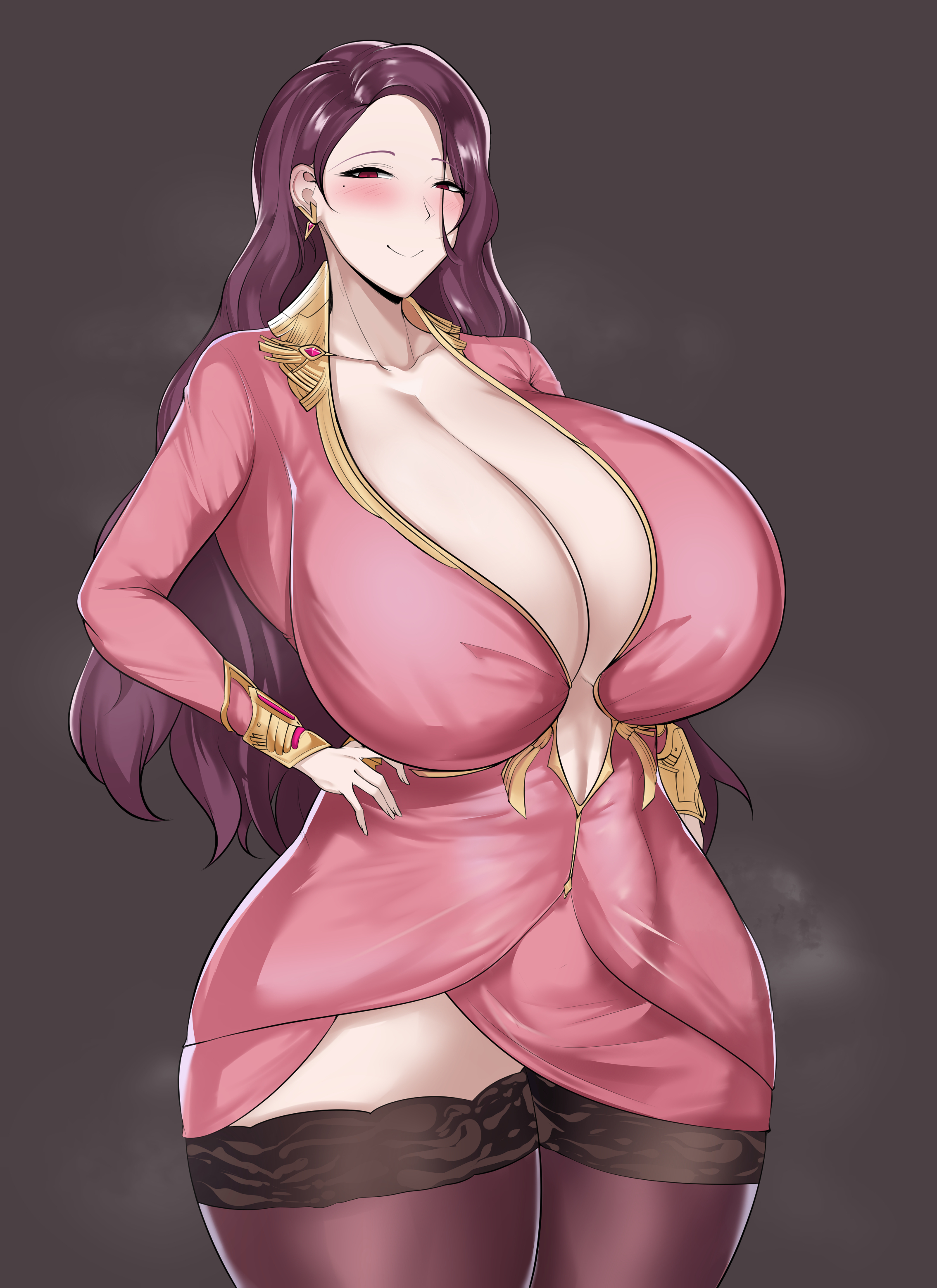 1girls, big breasts, blush, breasts, female, fully clothed, huge breasts, large breasts, last origin, lemonade alpha, long hair, mature female, milf, office lady, owner (artist), smile, solo, standing, thick thighs, thighhighs, thighs, voluptuous, wide hips