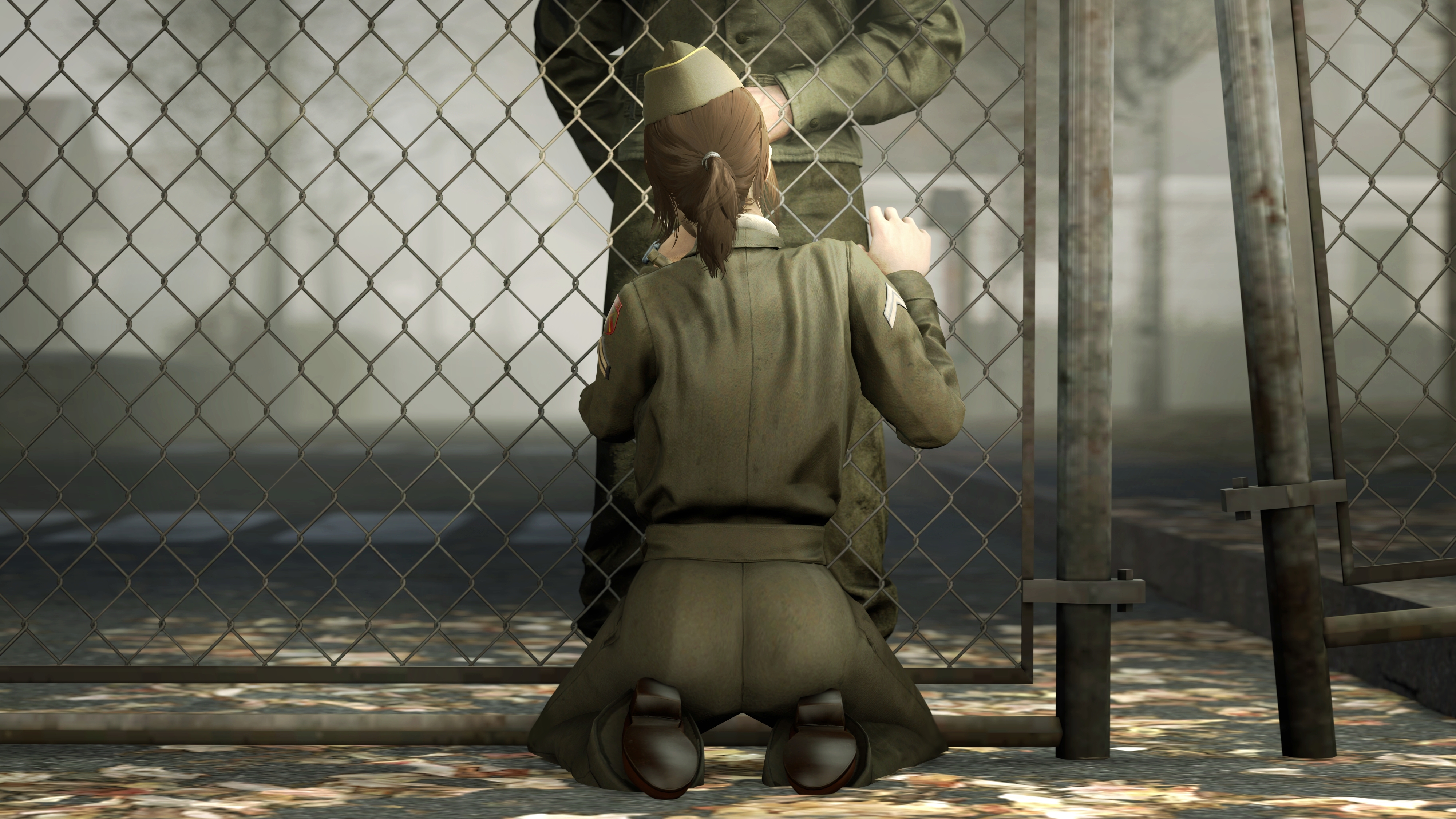 1boy, 1girls, 3d, akatomasu, beret, brown hair, call of duty, call of duty ww2, corporal green, feet, fellatio, female, fence, from behind, fully clothed, hat, hi res, highres, implied fellatio, implied oral, kneeling, light skin, light-skinned female, light-skinned male, male, military, military hat, military uniform, oral, oral penetration, oral sex, outdoors, public, shoes, source filmmaker, straight, through wall, world war 2