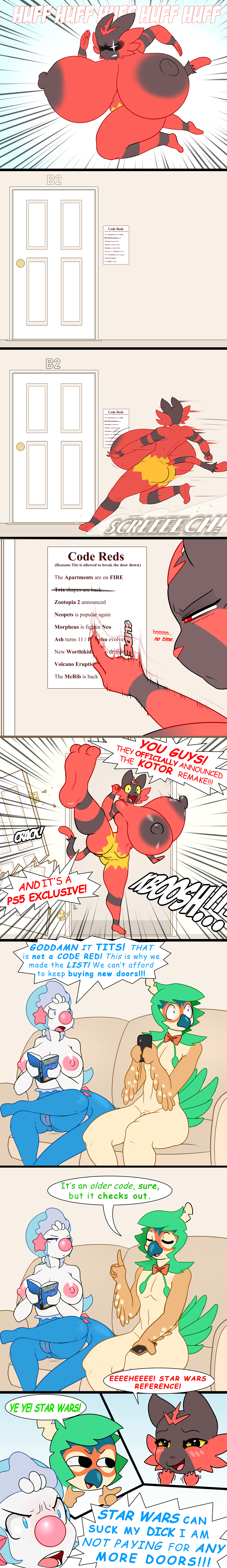 ! absurd_res animal_genitalia anthro ass big_breasts black_nipples book breasts comic dani_(lysergide) decidueye door english_text feathers female female_incineroar furniture genitals group hi_res huge_breasts humor hyper hyper_breasts incineroar kick list long_image lysergide male multicolored_body nintendo nipples penis phone pink_nipples pink_nose pokémon_(species) pokemon prilly_(lysergide) primarina pussy red_body running sheath sofa sound_effects tall_image text tits_(lysergide) two_tone_body video_games yelling