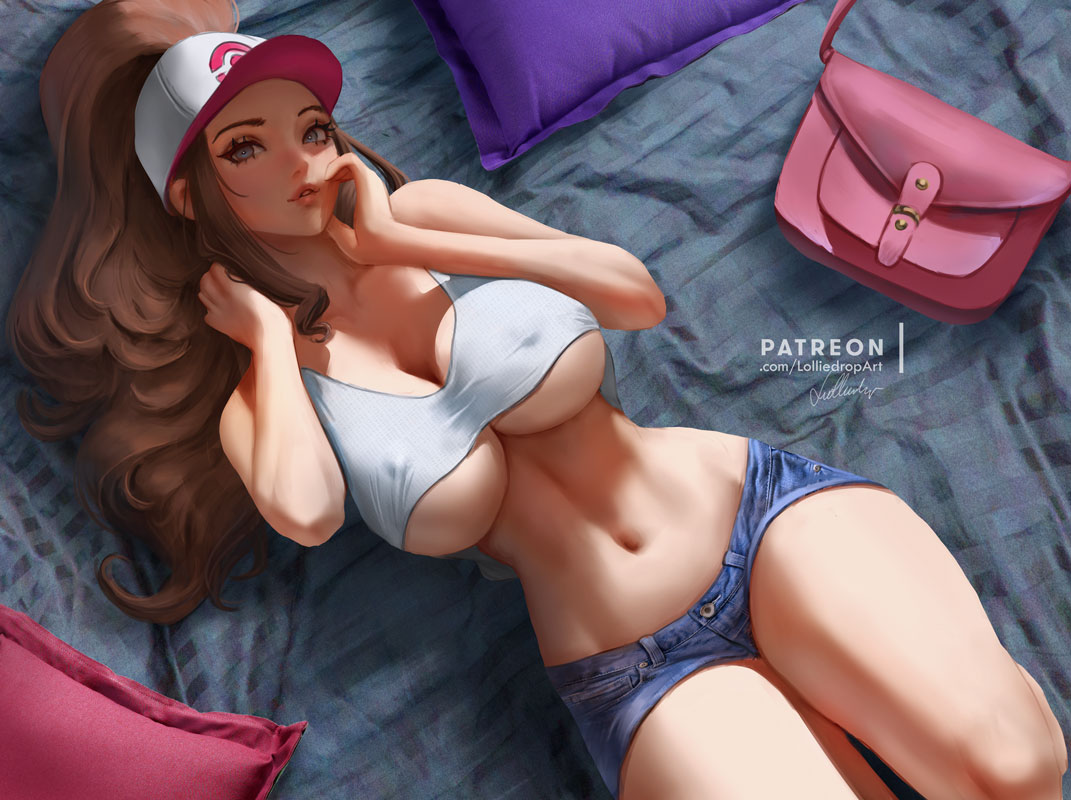 1girls alternate_breast_size big_breasts blue_eyes breasts brown_hair cleavage female female_only hilda_(pokemon) huge_breasts large_breasts lolliedrop nintendo nipple_bulge on_back pokemon pokemon_bw short_shorts shorts solo underboob