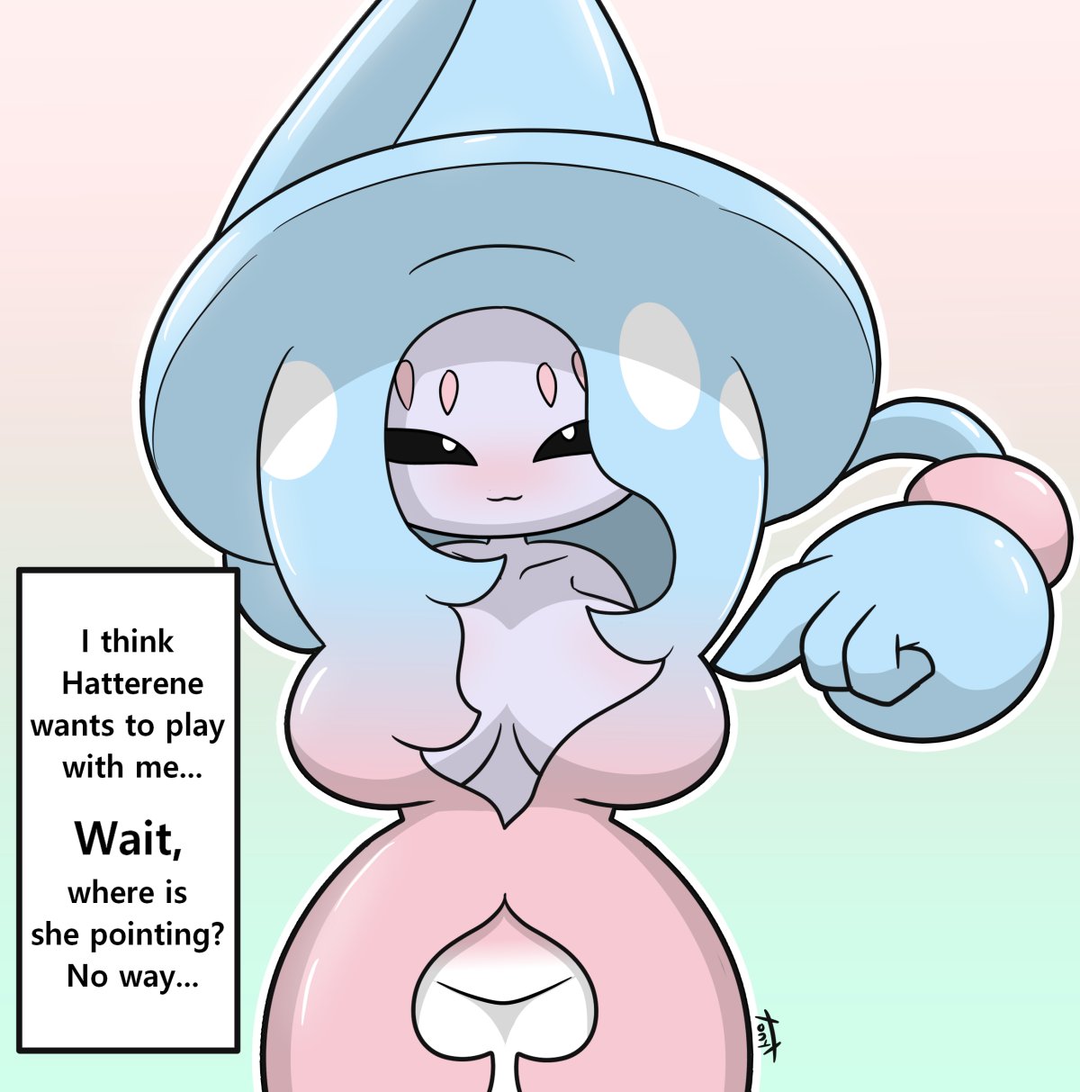 anthro big_breasts breasts featureless_crotch female hatterene nintendo pokémon_(species) pokemon pokemon_(species) text_box tonytoran video_games wide_hips