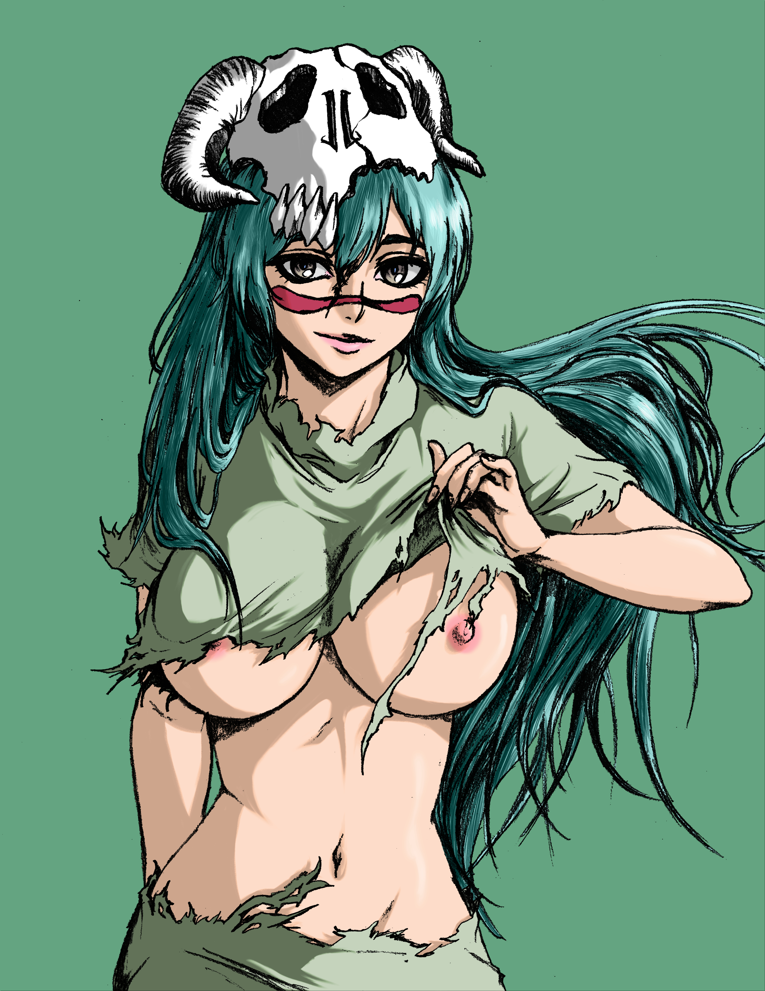 1girls, areolae, big breasts, bleach, breasts, christaexpress, clothing, dress, dress shirt, facepaint, female, female only, green hair, hazel eyes, helmet, lifted by self, light skin, light-skinned female, looking at viewer, midriff, navel, nelliel tu odelschwanck, nipple slip, nipples, no underwear, one eye closed, pelvic curtain, presenting, presenting breasts, revealing clothes, ripped clothing, shiny, shiny hair, shiny skin, skindentation, skull, skull hair ornament, smile, solo, solo focus, underboob, upper body