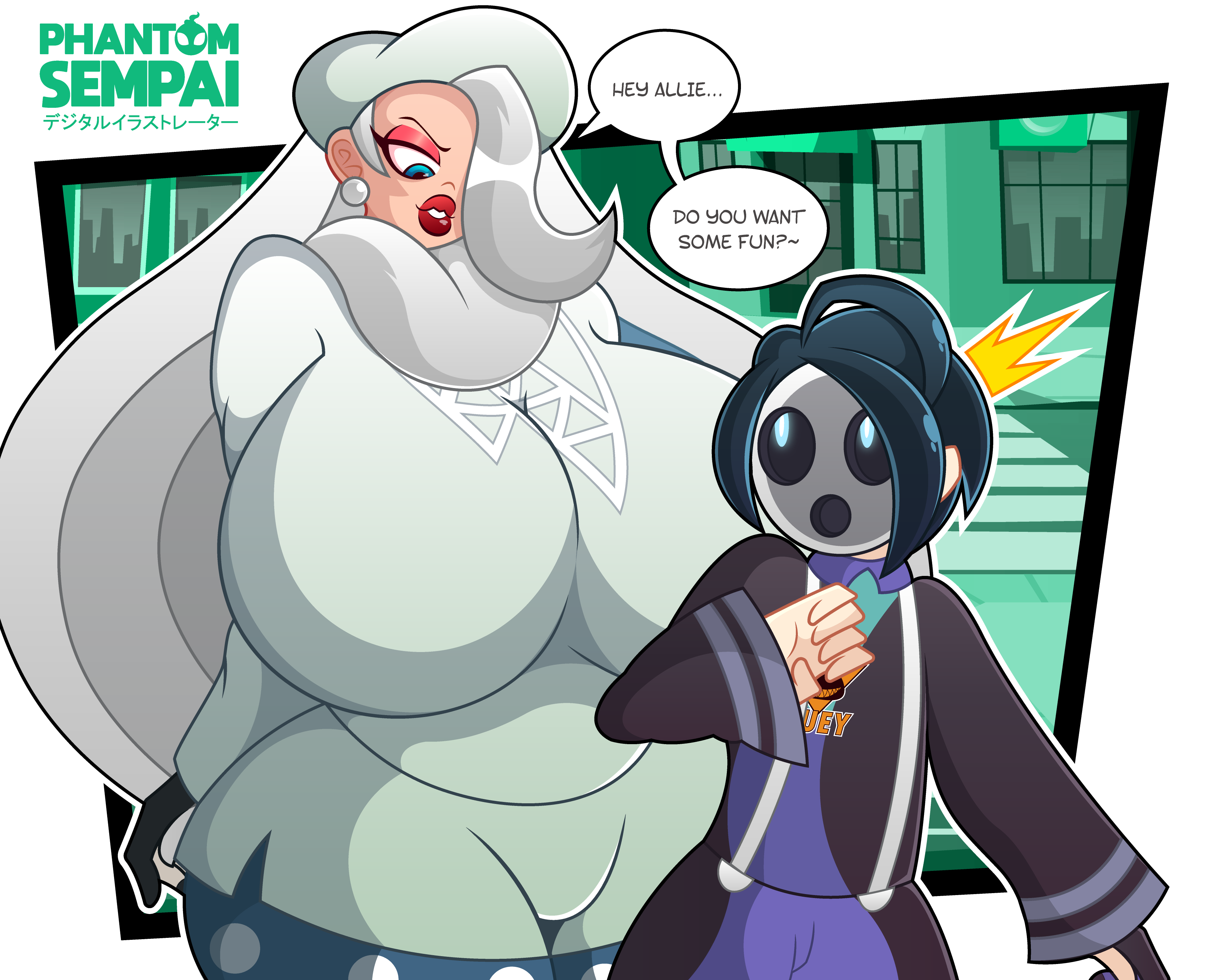 1boy, 1girls, absurd res, ahoge, allister (pokemon), alternate breast size, big breasts, big thighs, bigger female, blue eyes, breasts, breasts bigger than head, clothed, clothing, curvy, curvy female, dialogue, earrings, english text, eye contact, eyeshadow, female, female/male, gym leader, hair over one eye, huge breasts, huge thighs, imminent sex, large breasts, large thighs, larger female, light skin, light-skinned female, light-skinned male, lips, lipstick, long hair, makeup, male, male/female, mask, mature female, melony (pokemon), milf, nintendo, older female, older female and younger male, onion (pokemon), phantomsempai, pink eyeshadow, pokemon, pokemon ss, red lipstick, size difference, smaller male, speech bubble, taller female, thick, thick hips, thick thighs, thighs bigger than head, venus body, white hair, wide hips, younger male