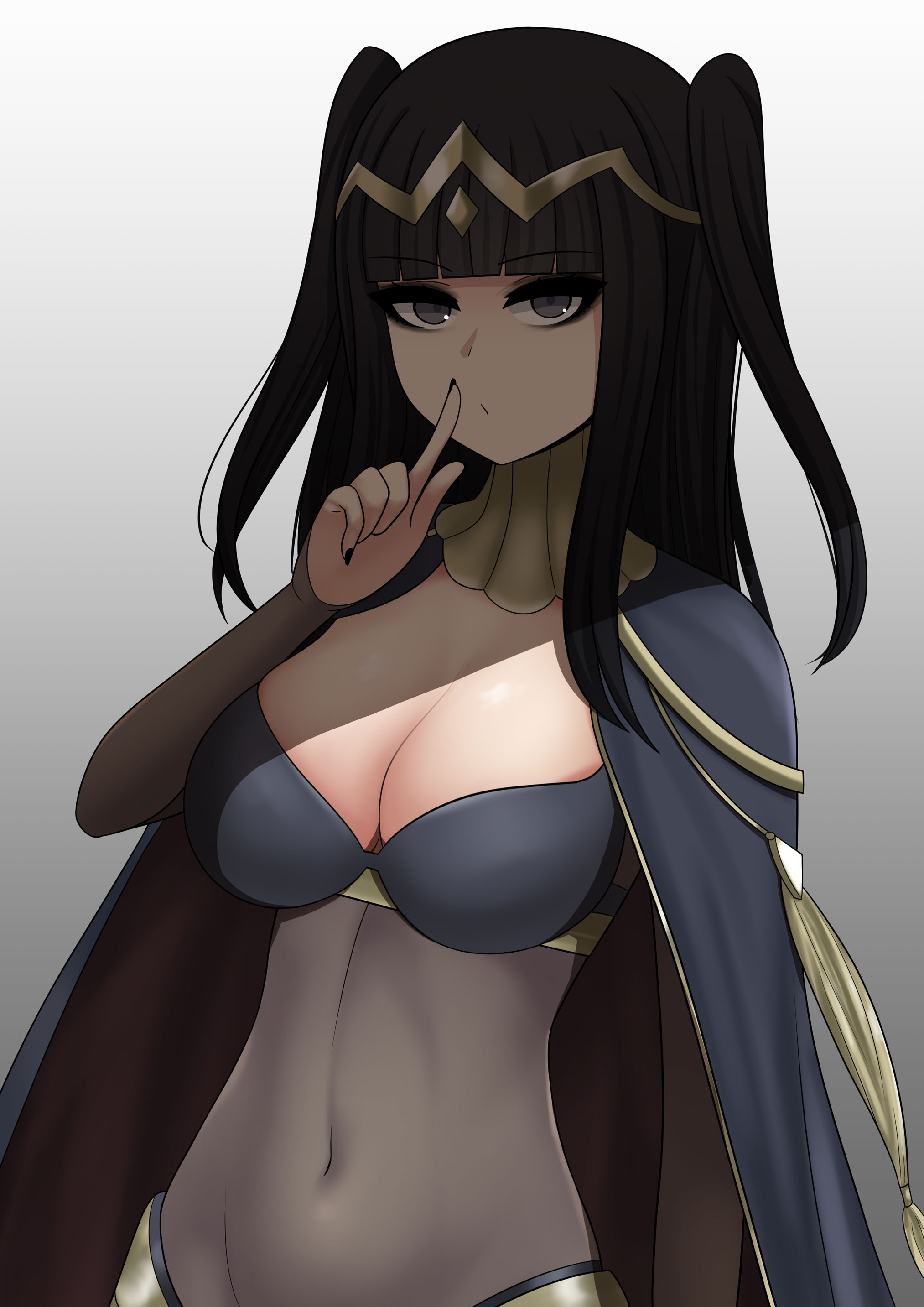 1girls, absurdres, bangs, bedroom eyes, belly button, black bra, black hair, black nails, bodystocking, bodysuit, bra, breasts, cape, cleavage, female, finger to mouth, fire emblem, fire emblem awakening, goth, grey background, grey eyes, highres, large breasts, long hair, looking at viewer, nail polish, navel, nintendo, open mouth, see-through, shadow, shushing, solo, tharja (fire emblem), the only shoe, tiara