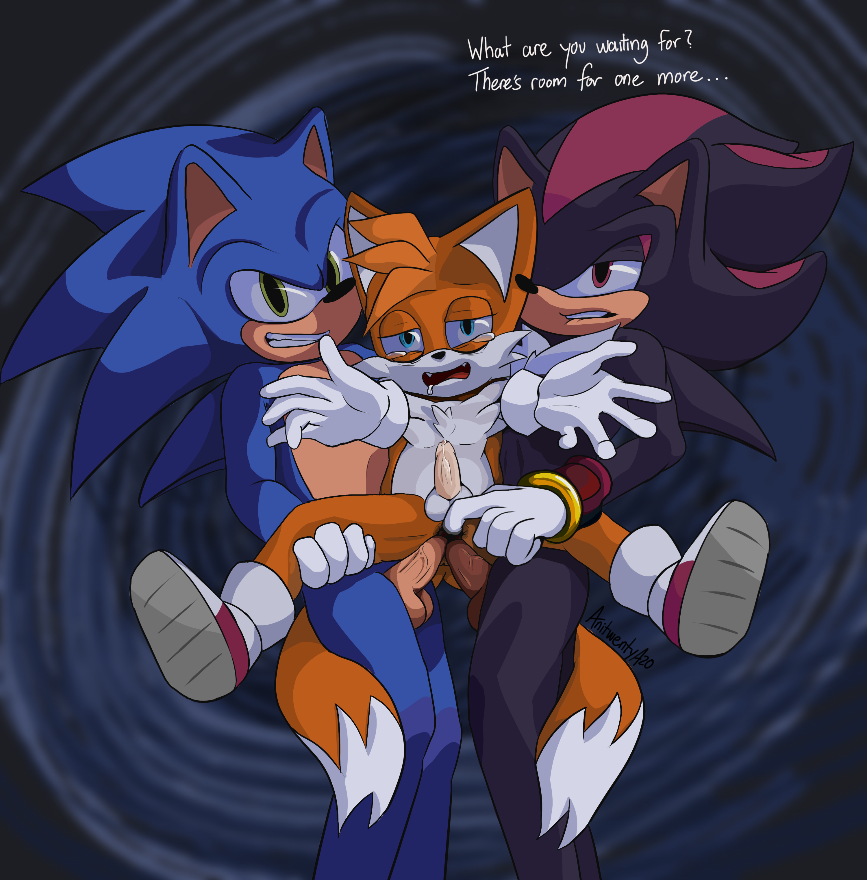 anitwenty, clothing, dipstick tail, double anal, double penetration, footwear, fox, gaping, gaping anus, gay, handwear, hedgehog, inviting, inviting to sex, male, male only, male penetrating, male/male, male/male/male, mostly nude, penis, precum, rape, shadow, shadow the hedgehog, size difference, sonic (series), sonic the hedgehog, tails, tails the fox, tears, threesome, yaoi