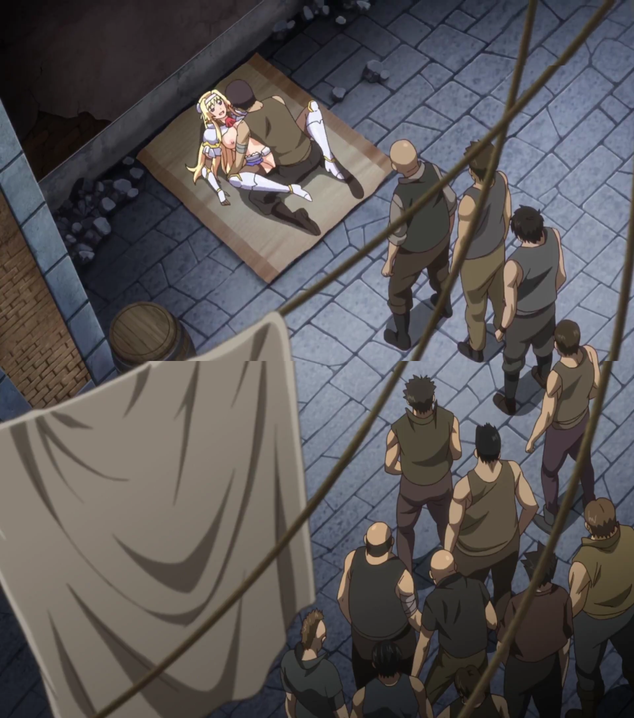 1girls, 6+boys, alicia arcturus, alley, armor, clothed, clothed female, clothed sex, cum, cum in pussy, cum inside, female, gangbang, kuroinu ~kedakaki seijo wa hakudaku ni somaru~, male, mind break, multiple boys, multiple males, no bra, one after another, panties around leg, princess, public sex, public use, pussy, running a train, sex, taking turns, vaginal penetration, vaginal sex, waiting in line