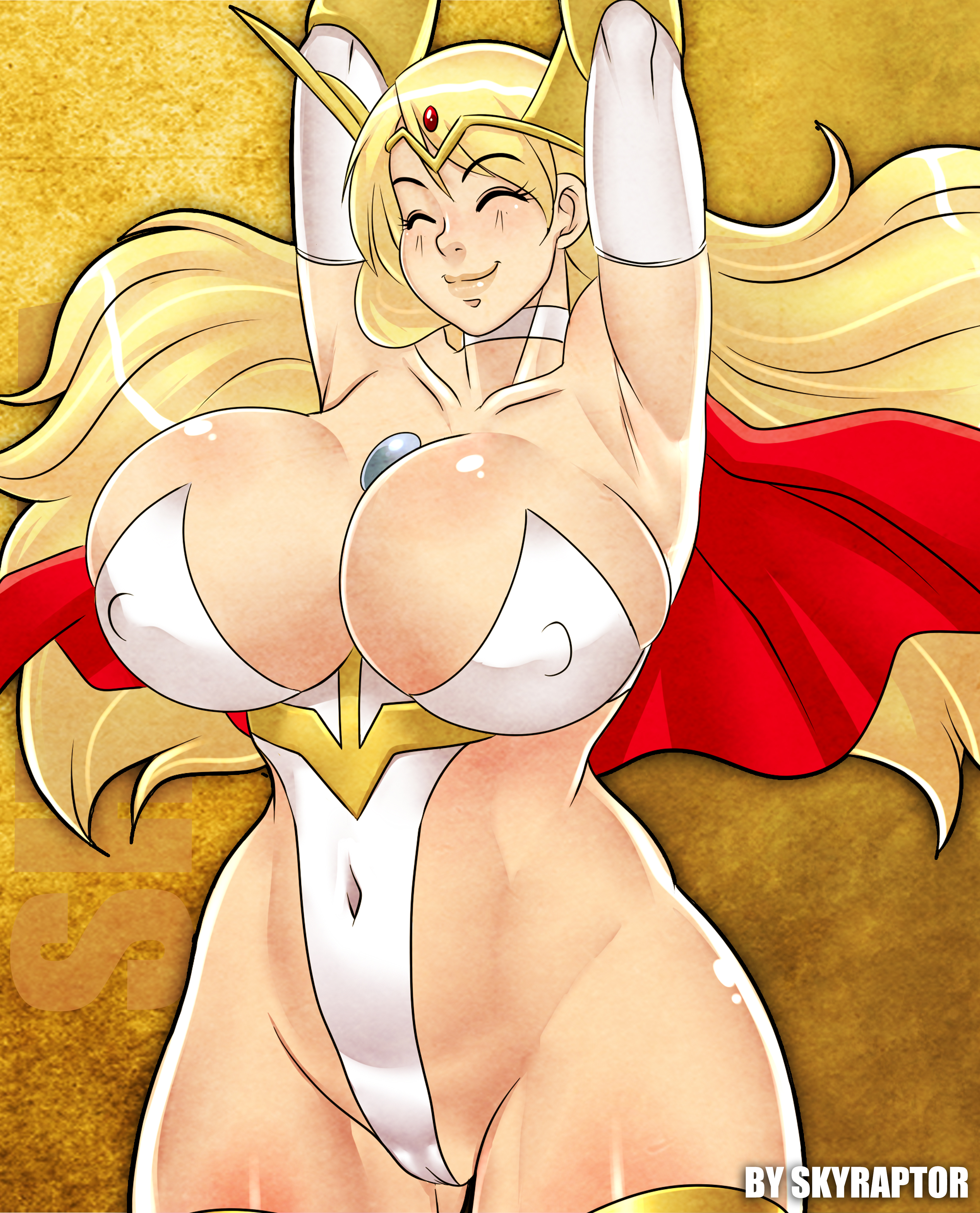 1girls, adora, armpits, arms above head, arms up, blonde female, blonde hair, breasts, breasts bigger than head, cape, cleavage, closed eyes, erect nipples under clothes, female, female only, hourglass figure, huge breasts, jpeg, large breasts, leotard, light skin, light-skinned female, long hair, nipple bulge, nipples visible through clothing, platinum blonde hair, revealing clothes, she-ra, she-ra and the princesses of power, shiny skin, skyraptor, smile, smiling, solo, thick, thick thighs, white leotard
