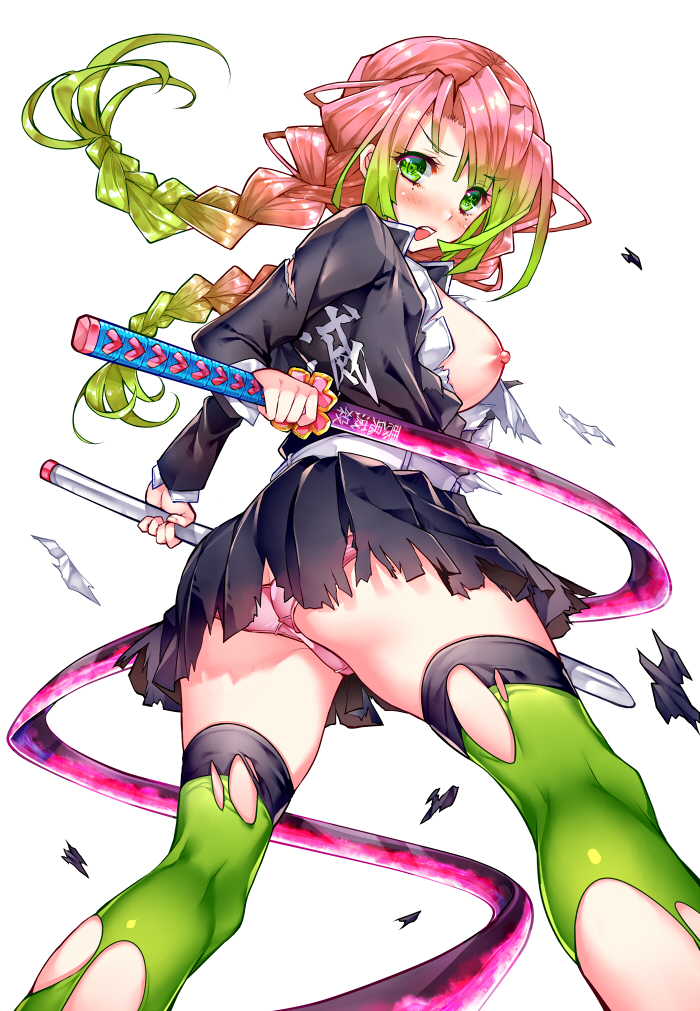 1girls, blush, braided hair, breasts, breasts out, clothing, demon slayer, female, female only, kanroji mitsuri, kimetsu no yaiba, long hair, looking at viewer, looking back, low-angle view, mole under eye, naojiro, panties, pink hair, pink panties, pink-haired female, ripped clothing, ripped stockings, sideboob, solo, sword, thighhighs, torn clothes, torn legwear, two-tone hair, upskirt, wardrobe malfunction