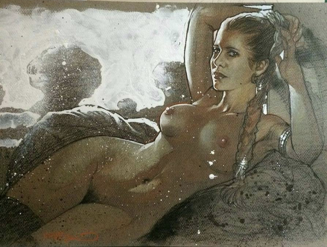 1girls, armlet, armpit, artist request, braid, braided hair, breasts, brown eyes, brown hair, carrie fisher, enslaved royal, female, female only, harem girl, hourglass figure, large breasts, long hair, looking at viewer, naked, nude, nude female, posing, princess leia organa, pubic hair, realistic, reclining, slave leia, solo, star wars, voluptuous